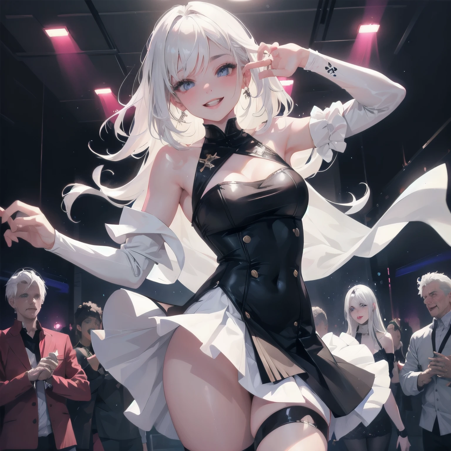 1 girl, solo, white hair, beautiful, dancing in a club with guys, naughty, smiling, sexy, wearing a dress