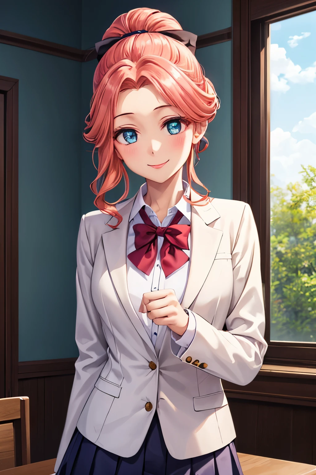 Gyokuha, Princess Gyokuha, (1 girl:1.), (alone:1.3), long hair, pink hair, bun hair, single hair, asymmetric hairstyle, white buttoned shirt, gray blazer, school uniform, black bow tie, gray pleated skirt, (masterpiece:1.2), highest quality, High resolution, unity 8k wallpaper, (An illustration: 0.8), (fine and beautiful eyes:1.6), highly detailed face, perfect lighting, Detailed CG, (perfect hands, perfect anatomy), (smile:1.3), gentle smile, blush, Upper body, mcdonalds, free pose