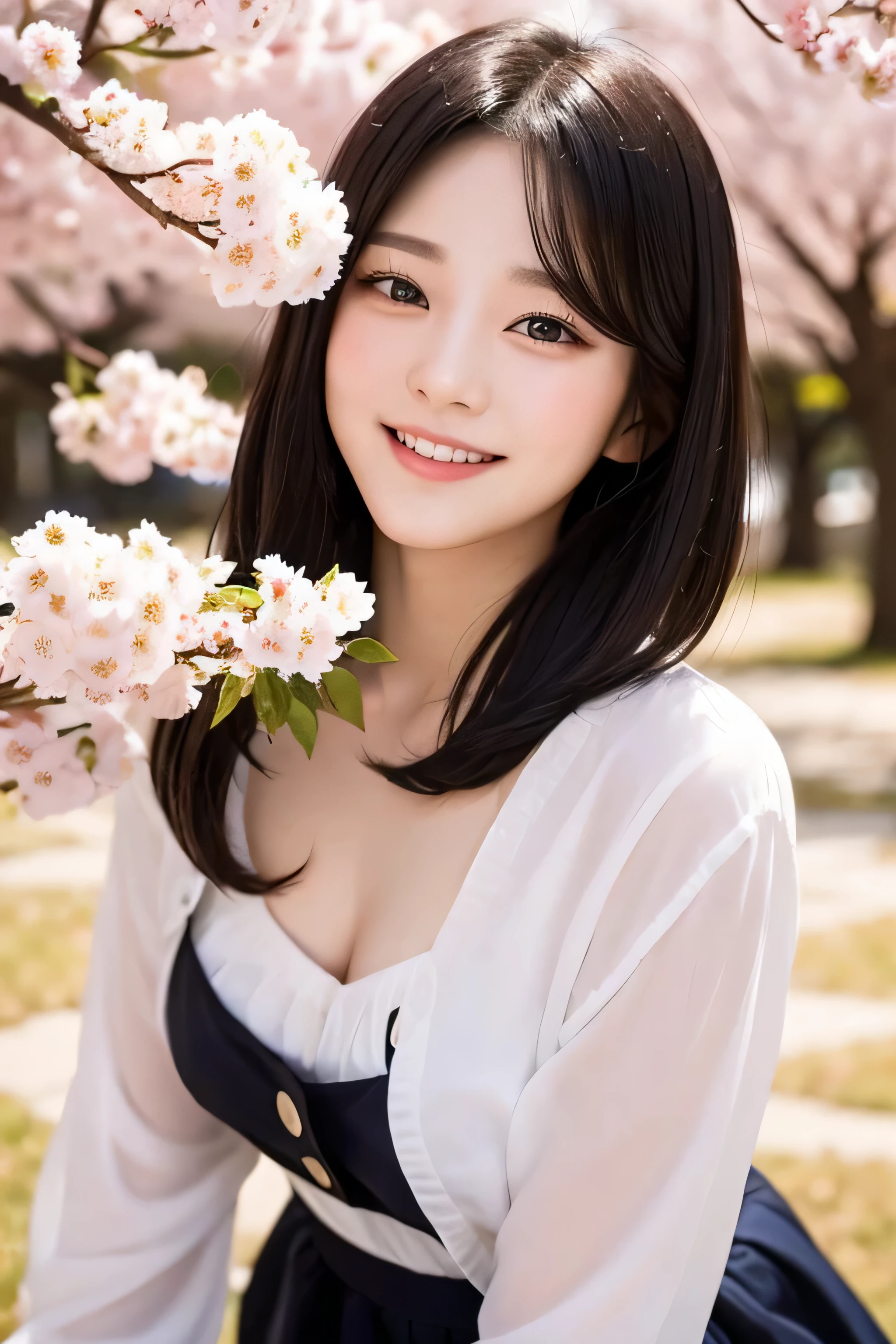 20-year-old(young)、black hair bob、natural and light makeup、Spring-like、smile、Japanese、natural finish、under the cherry tree、portrait image、cute、Spring-like clothes、eating lunch、