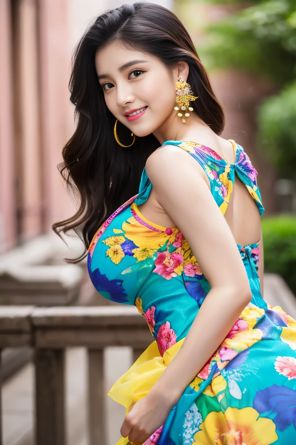 (masterpiece、highest quality、highest quality、official art、beautiful beautiful:1.2)、(1 girl:1.3)、smile gently、very detailed、(fractal art:1.1)、(colorful:1.1)(Floral:1.3)、most detailed、(tangled:1.2)、beautiful face、detailed face、perfect proportions、burst chest、big breasts thin waist、belly button、big ass、gap between crotches、thick tight、(dynamic pose)、(abstract background:1.3)、(qipao dress:1.2)、(shiny skin)、(lots of colors:1.4)、、(earrings:1.4)、1 female、Plump body shape、revealing costumes、おbelly buttonが露出した衣装