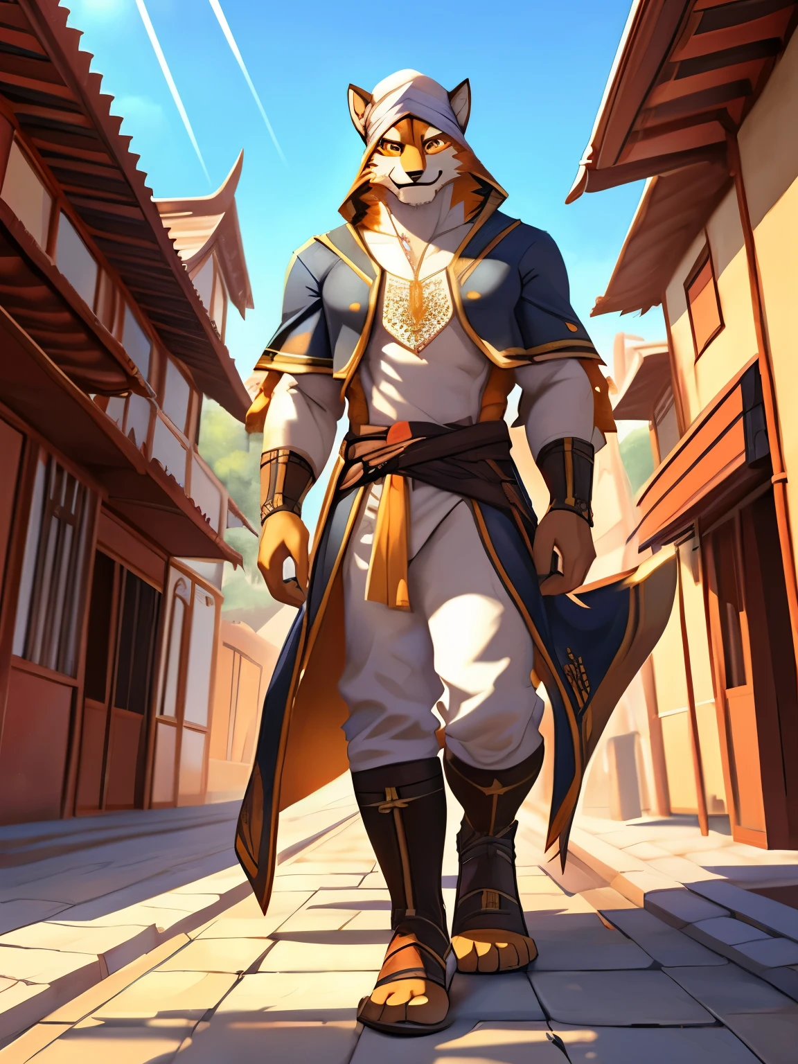 4k, ,8K, A high resolution, best quality, perfect colors, perfect shadows, perfect lighting, (posted on e621, by Chunie), male, furry, Barrel (live a hero) anthro, ( tail), solo, white fur, Orange eyes, (Realistic eye details 1.2), Wearing Muslim clothing, arabic fashion, arabic style, thobe, turban, in a street with arabian houses, light smile, authoritative, dignified gaze, Full body like, slim body, in a panoramic view, masterpiece, fit body, perfect male figure, Detailed fur, Detailed face, dramatic lighting, soft lighting, day, highly detail, (Detailed eyes), perfect pupils, detail eyes, detail fluffy fur, (seductive face:1.2), (correct anatomy:1.2), (Complex), (Super Detail), (Ultra Clear), (Best Quality)