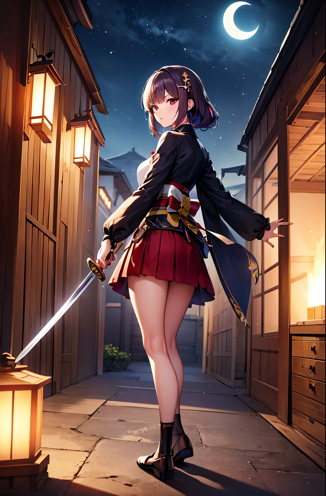 (Super beautiful CG, high quality), (Medium breastasterpiece: 1.8), ((Super quality)), ((Ultra detailed illustrations)), ((Stunning CG)),female focus,kawaii
1girl, solo, looking at viewer, bangs, purple hair,long sleeves, red eyes, holding, closed mouth, standing, full body, weapon, outdoors, japanese clothes, sky, looking back, sword, kimono, black footwear, ［［holding weapon］］, tree, ［［sash］］, night, holding sword, floral print, moon, ［［katana］］,［［ fire］］, sheath, night sky, ［Crescent Moon］, ［white kimono］, bare tree,［torii］, holding sheath, shrine