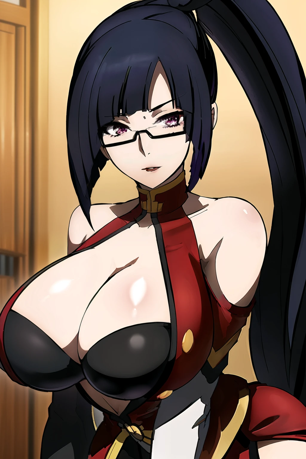 at the bedroom,
Red dress, chinese clothes, cleavage cutout, clothing cutout, bare shoulders,
semi-rimless eyewear,
black hair, very long hair, ponytail,Bangs,purple eyes,
1 girl, 20yo,Young female,Beautiful Finger,Beautiful long legs,Beautiful body,
Beautiful Nose,Beautiful character design, perfect eyes, perfect face,expressive eyes,perfect balance,
looking at viewer,(Focus on her face),
official art,extremely detailed CG unity 8k wallpaper, perfect lighting,Colorful, Bright_Front_face_Lighting,White skin,
(masterpiece:1.0),(best_quality:1.0), ultra high res,4K,ultra-detailed,
photography, 8K, HDR, highres, absurdres:1.2, Kodak portra 400, film grain, blurry background, bokeh:1.2, lens flare, (vibrant_color:1.2),professional photograph,
(Beautiful,huge_Breasts:1.4), (beautiful_face:1.5),(narrow_waist),