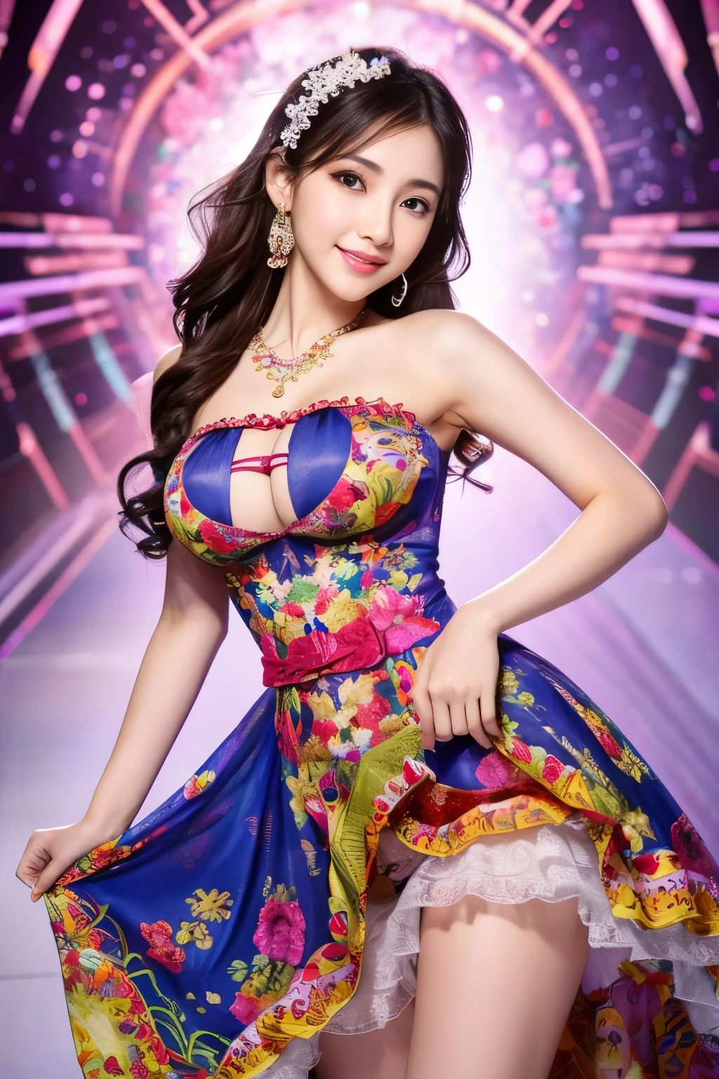 (masterpiece、highest quality、highest quality、official art、beautiful beautiful:1.2)、(1 girl:1.3)、smile gently、very detailed、(fractal art:1.1)、(colorful:1.1)(Floral:1.3)、most detailed、(tangled:1.2)、beautiful face、detailed face、perfect proportions、burst chest、big breasts thin waist、belly button、big ass、gap between crotches、thick tight、(dynamic pose)、(abstract background:1.3)、(qipao dress:1.2)、(shiny skin)、(lots of colors:1.4)、、(earrings:1.4)、1 female、Plump body shape、revealing costumes、おbelly buttonが露出した衣装