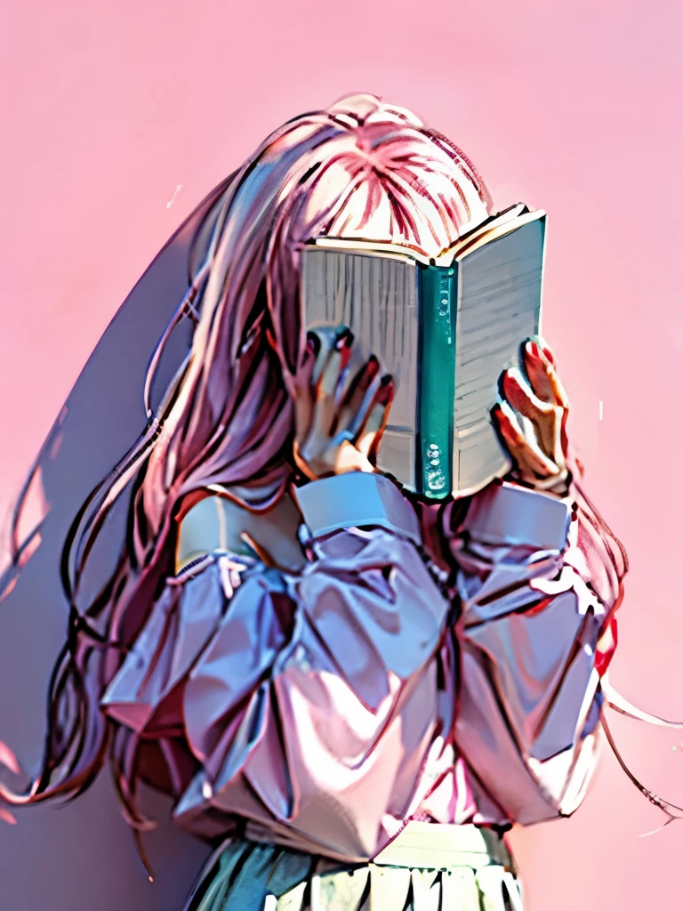 Pink and white gradient hair,pink clothes,milky white skin,light gray background,Complete skirt details,The face is covered,drawing of a woman holding a book in front of her portrait, read a book, a comic drawing, girl sketch, author:Naka Bokunin, holding a book, diary on her hand, comic drawing, 尝试read, read, faded pictures, anime sketch, book illustrations, Learning, sketchy, read new book, sketchbook drawing, An anime picture