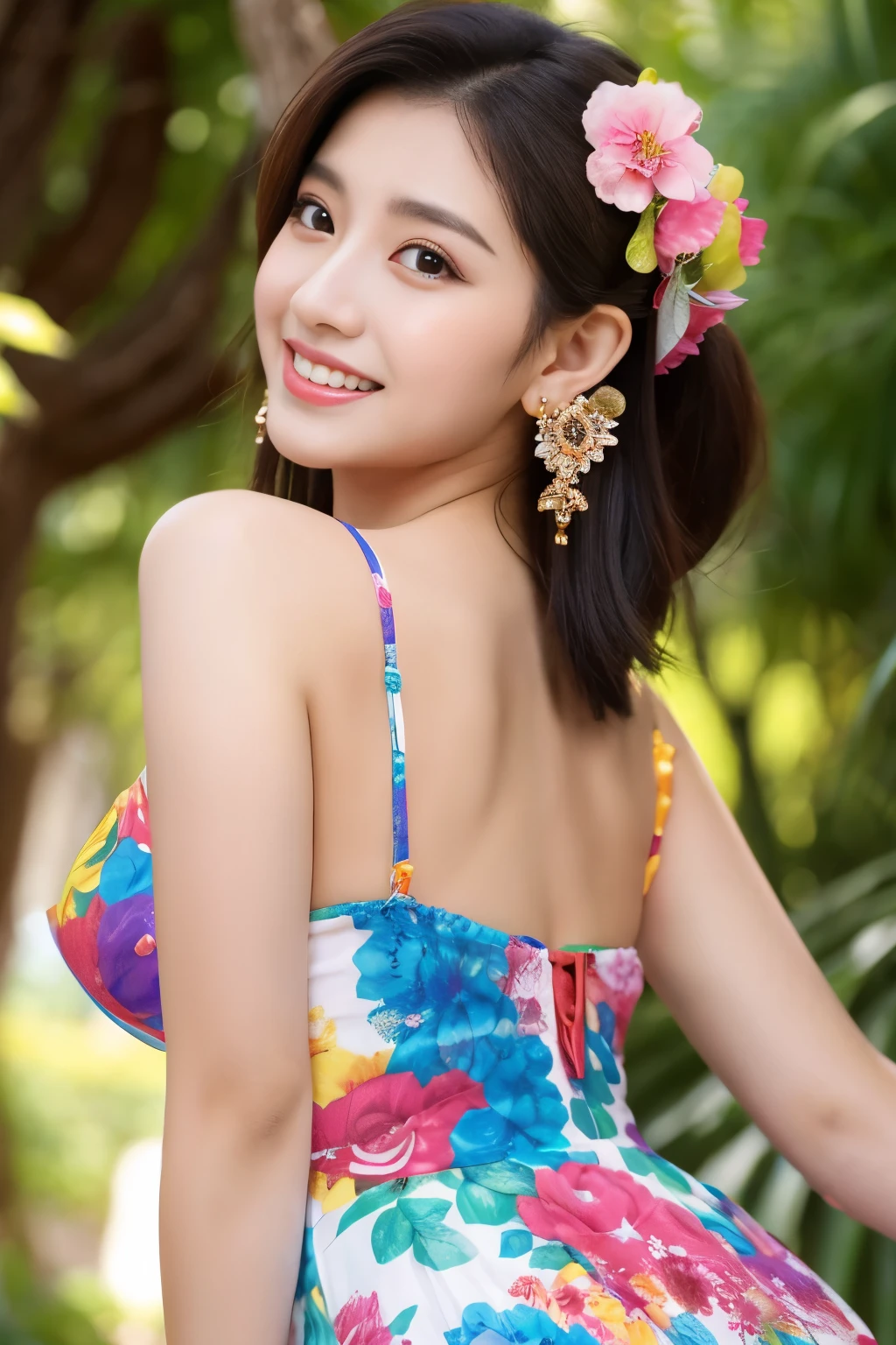 (masterpiece、highest quality、highest quality、official art、beautiful beautiful:1.2)、(1 girl:1.3)、smile gently、very detailed、(fractal art:1.1)、(colorful:1.1)(Floral:1.3)、most detailed、(tangled:1.2)、beautiful face、detailed face、perfect proportions、burst chest、big breasts thin waist、belly button、big ass、gap between crotches、thick tight、(dynamic pose)、(abstract background:1.3)、(qipao dress:1.2)、(shiny skin)、(lots of colors:1.4)、、(earrings:1.4)、1 female、Plump body shape、revealing costumes、おbelly buttonが露出した衣装