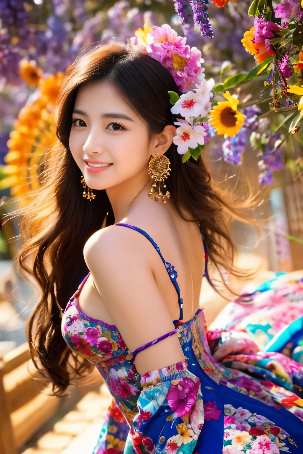 (masterpiece、highest quality、highest quality、official art、beautiful beautiful:1.2)、(1 girl:1.3)、smile gently、very detailed、(fractal art:1.1)、(colorful:1.1)(Floral:1.3)、most detailed、(tangled:1.2)、beautiful face、detailed face、perfect proportions、burst chest、big breasts thin waist、belly button、big ass、gap between crotches、thick tight、(dynamic pose)、(abstract background:1.3)、(qipao dress:1.2)、(shiny skin)、(lots of colors:1.4)、、(earrings:1.4)、1 female