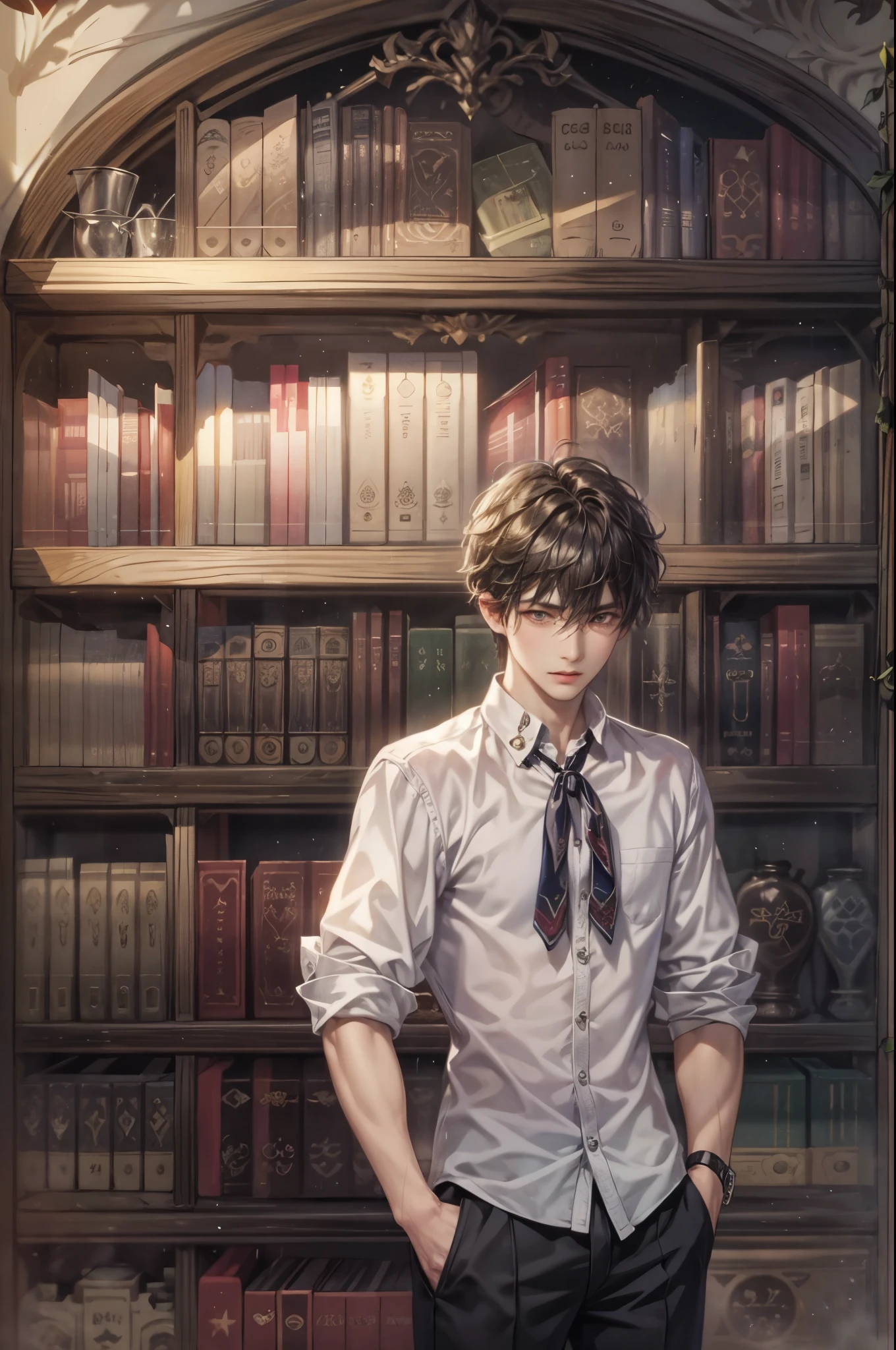 ((Best quality)), ((masterpiece)), (detailed), ((perfect face)), ((halfbody)) handsome face, male, teen boy,  perfect proportions , a character from anime ashita no nadja, phantom thief outfit, detailed library interior scenery background 