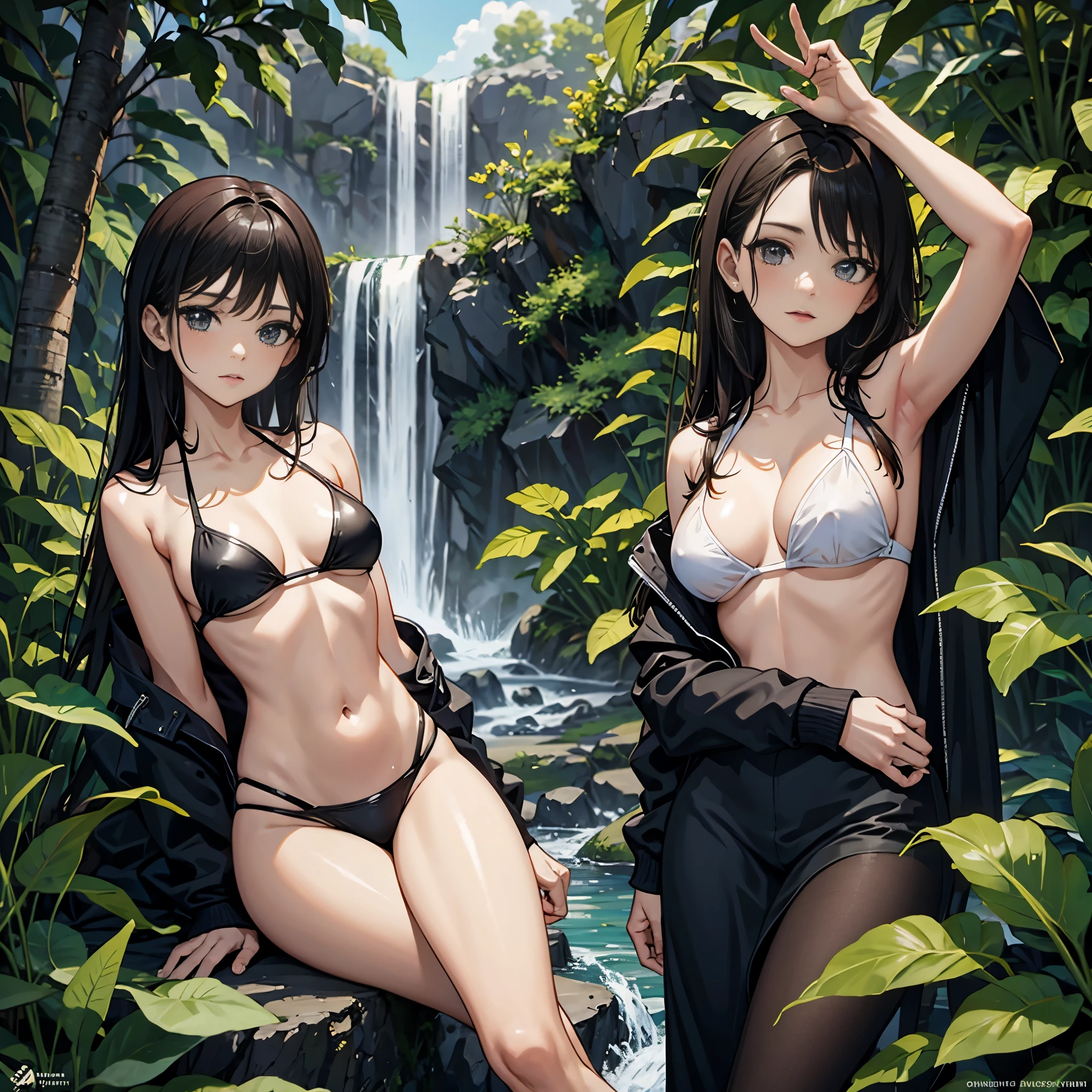 A lush tropical rainforest setting with a beautiful brunette girl standing by a waterfall, wanting to dive in a cool her body down, 