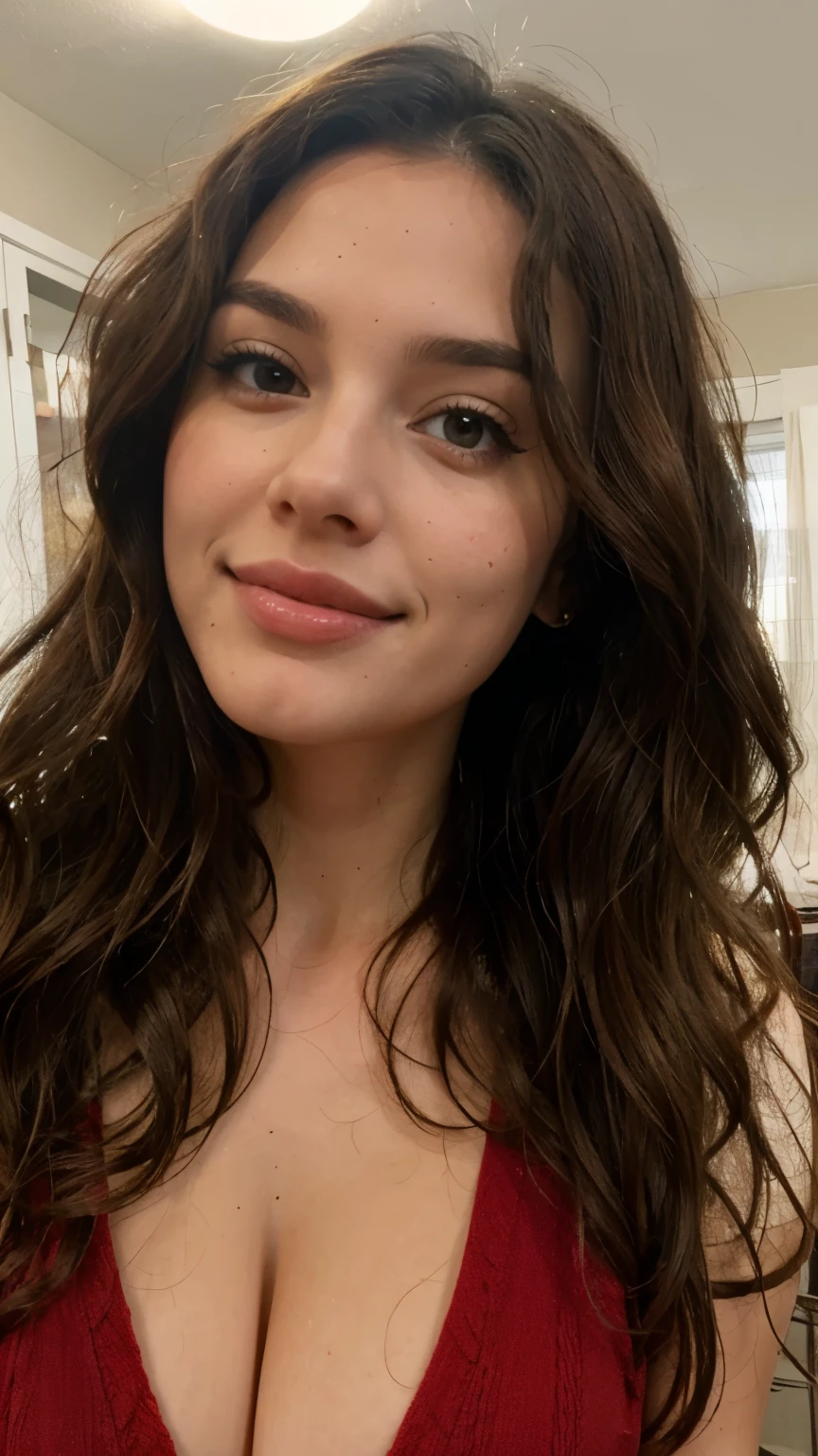 wavy beautiful brunette eating strawberry
