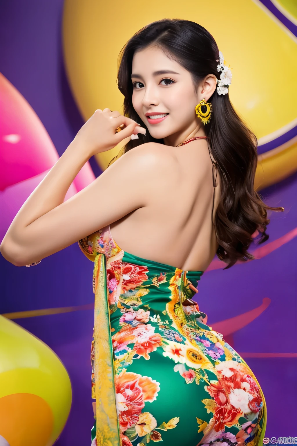 Photorealism ultra realistic attractive chinese woman from the front with big breasts and big ass in pink bra and black panties 8k on her knees with yellow background holding macedonia flag 