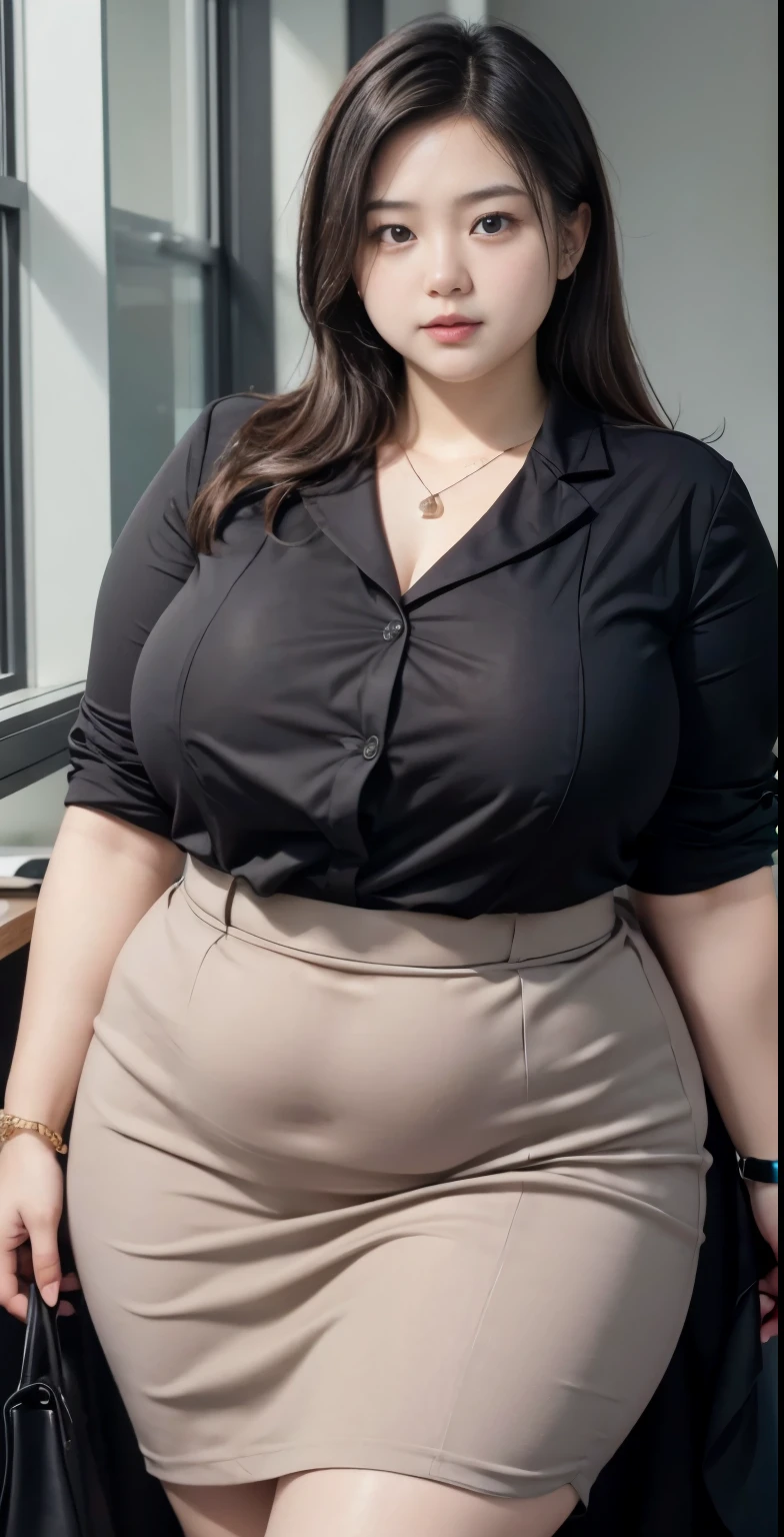 realisitic、Curvaceous woman standing alone, Woman in black business suit, with a business suit on, businesswoman, Woman in business suit, Wearing a white collar shirt under a suit、thick skirt、tight skirts、Girl in a suit, female in tight office dress, , Girl in suit, young business woman, in a business suit, business outfit, Wear a suit、Office Suits、、professional photograpy、Does not expose the skin, Japanese Models,、,The skin is not exposed、fleshy body, large boob、 hard 、、big butts、Big belly、thick waist、Body without tone、thick thight、thick arms、Round face、Fat face、chubby cheeks、Sauce order、big eye、A dark-haired、short-haired、Standing facing the front、Left hand pose on the hip、Right hand is down in a pose、Straight back posture、Sun background、chinese-Indonesian woman , full body , bracelet , necklace , , short hairstyle , fat belly , thick hips , dark room , , chubby cheeks , black room