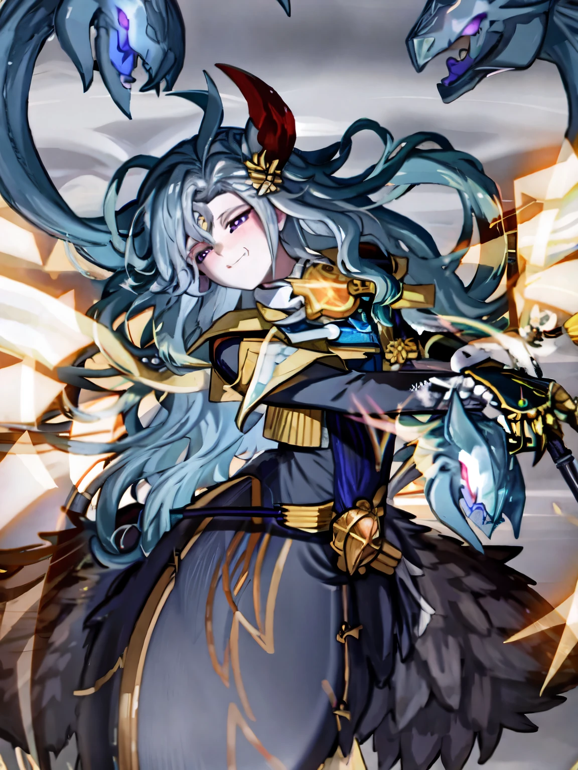(hyper extreme detailed),(masterpeace),(hyper extreme),(photorealistic),CG,llustration,novel illustration,Knightmare_Incarnation_Idlee as a Bishounen ,purple eyes,flying outdoor,open eye, Male body:1.4, ((Femboy)) lamia, Chimera, Neuvillette fusion