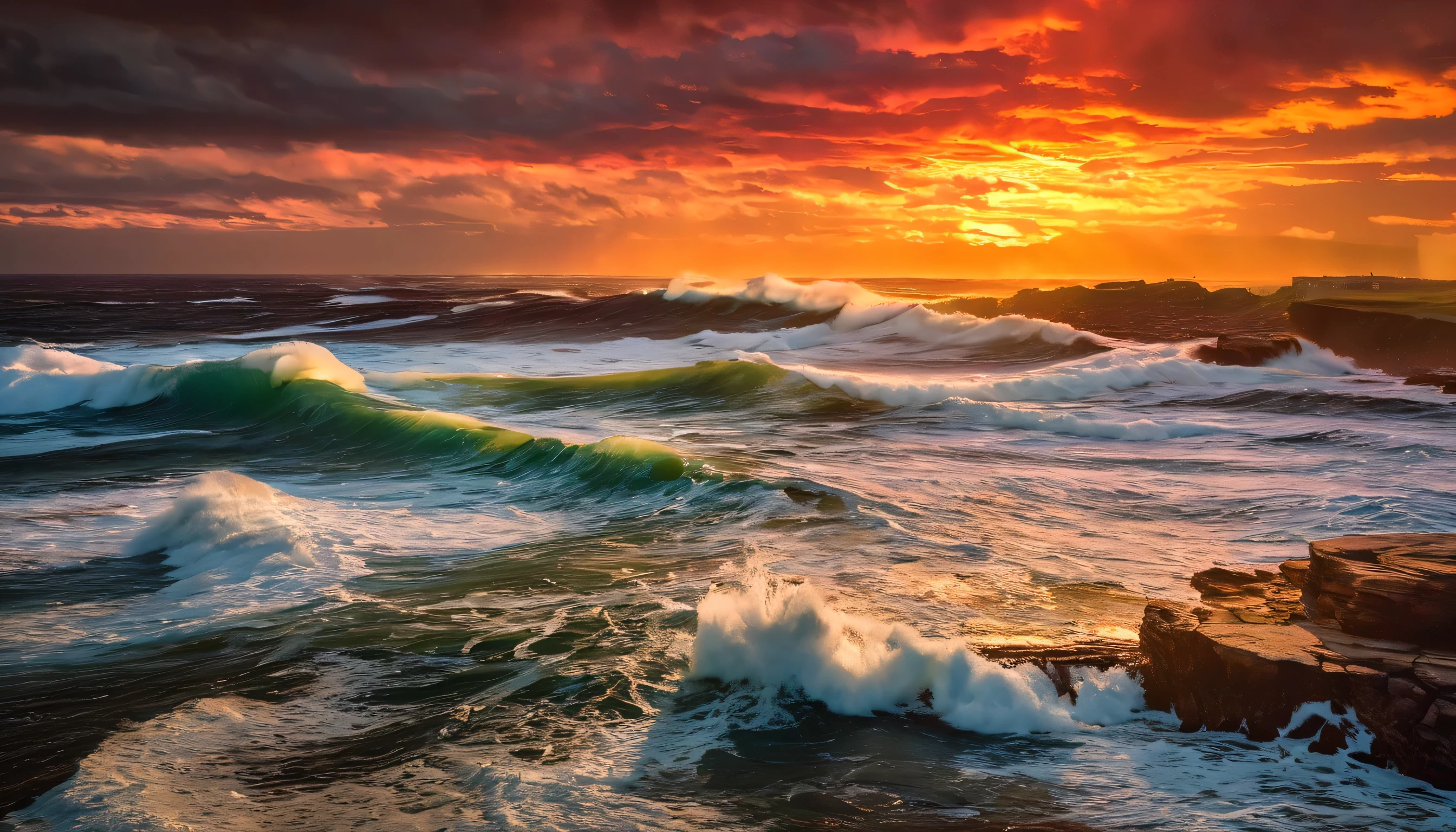 arafed view of a sunset over the ocean with waves crashing, chaotic sea setting, marc adamus, breathtaking look, epic sunset, dramatic reddish light, epic sunrise, vibrant sunrise, sunset glow, soft glow, vibrant sunset, breathtaking composition, jaw dropping beauty, by Alexander Robertson, red horizon, dramatic sunrise, breathtaking colors, dramatic sunset, seascape, red sunset