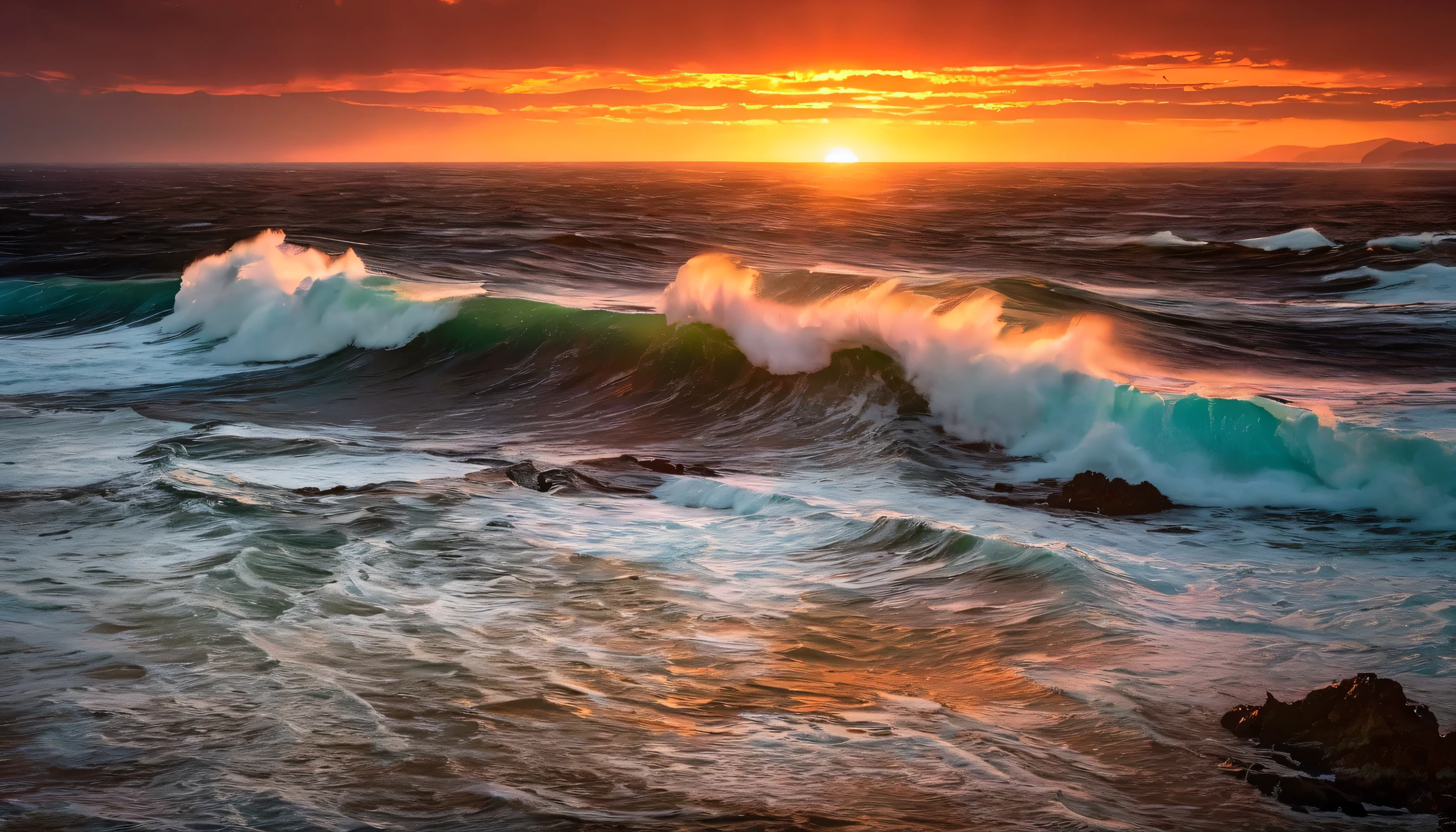 arafed view of a sunset over the ocean with waves crashing, chaotic sea setting, marc adamus, breathtaking look, epic sunset, dramatic reddish light, epic sunrise, vibrant sunrise, sunset glow, soft glow, vibrant sunset, breathtaking composition, jaw dropping beauty, by Alexander Robertson, red horizon, dramatic sunrise, breathtaking colors, dramatic sunset, seascape, red sunset