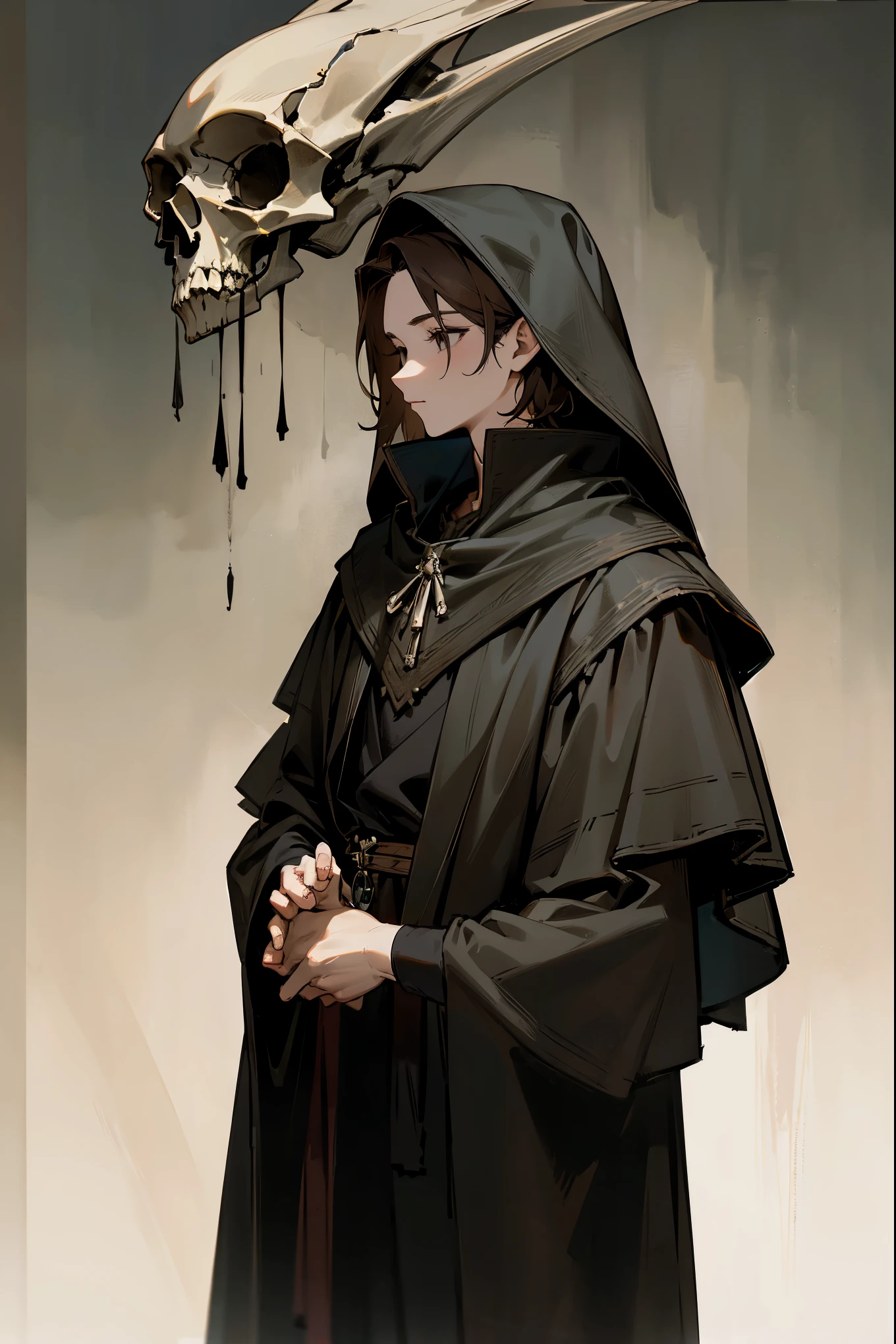 1male, brown hair, black eyes, skull in hand, holding skull, dark clothing, black clothing, (skull clothing), skull on clothing, medieval clothing, dark cave background, detailed background, standing on path