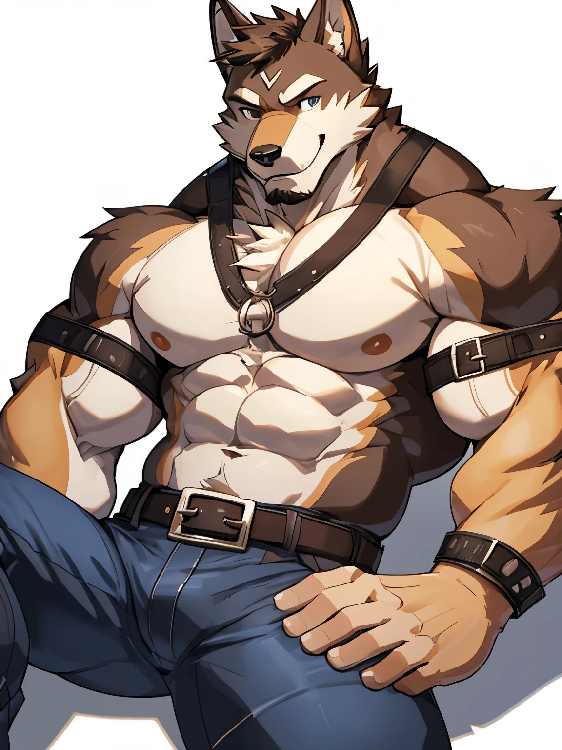Dog, good looking, male, anthro, ultradetailed, muscular, solo, bareness, rippling muscles, muscles, simple background, white background, tail, smile, lying, open legs, pants, belt,,