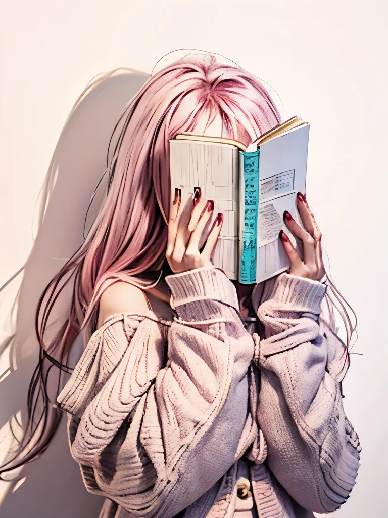 Pink and white gradient hair,pink clothes,milky white skin,light gray background,Complete skirt details,The face is covered,drawing of a woman holding a book in front of her portrait, read a book, a comic drawing, girl sketch, author:Naka Bokunin, holding a book, diary on her hand, comic drawing, 尝试read, read, faded pictures, anime sketch, book illustrations, Learning, sketchy, read new book, sketchbook drawing, An anime picture