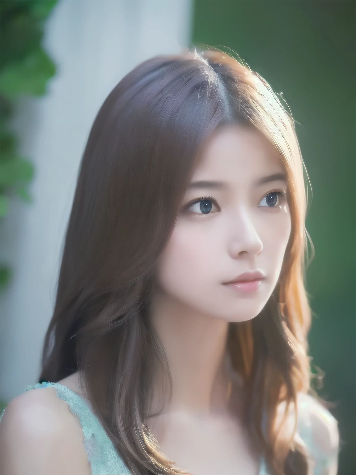 soft color palette, beautiful girl, shy expression, illustration, (best quality, ultra-detailed), pastel tones, gentle lighting, flowing hair, delicate features, dreamy atmosphere, waterfall