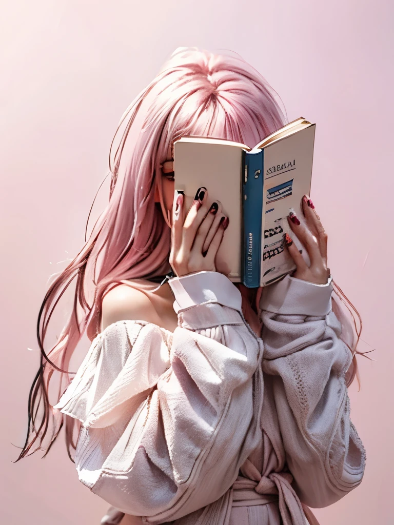 Pink and white gradient hair,pink clothes,milky white skin,light gray background,Complete skirt details,The face is covered,drawing of a woman holding a book in front of her portrait, read a book, a comic drawing, girl sketch, author:Naka Bokunin, holding a book, diary on her hand, comic drawing, 尝试read, read, faded pictures, anime sketch, book illustrations, Learning, sketchy, read new book, sketchbook drawing, An anime picture