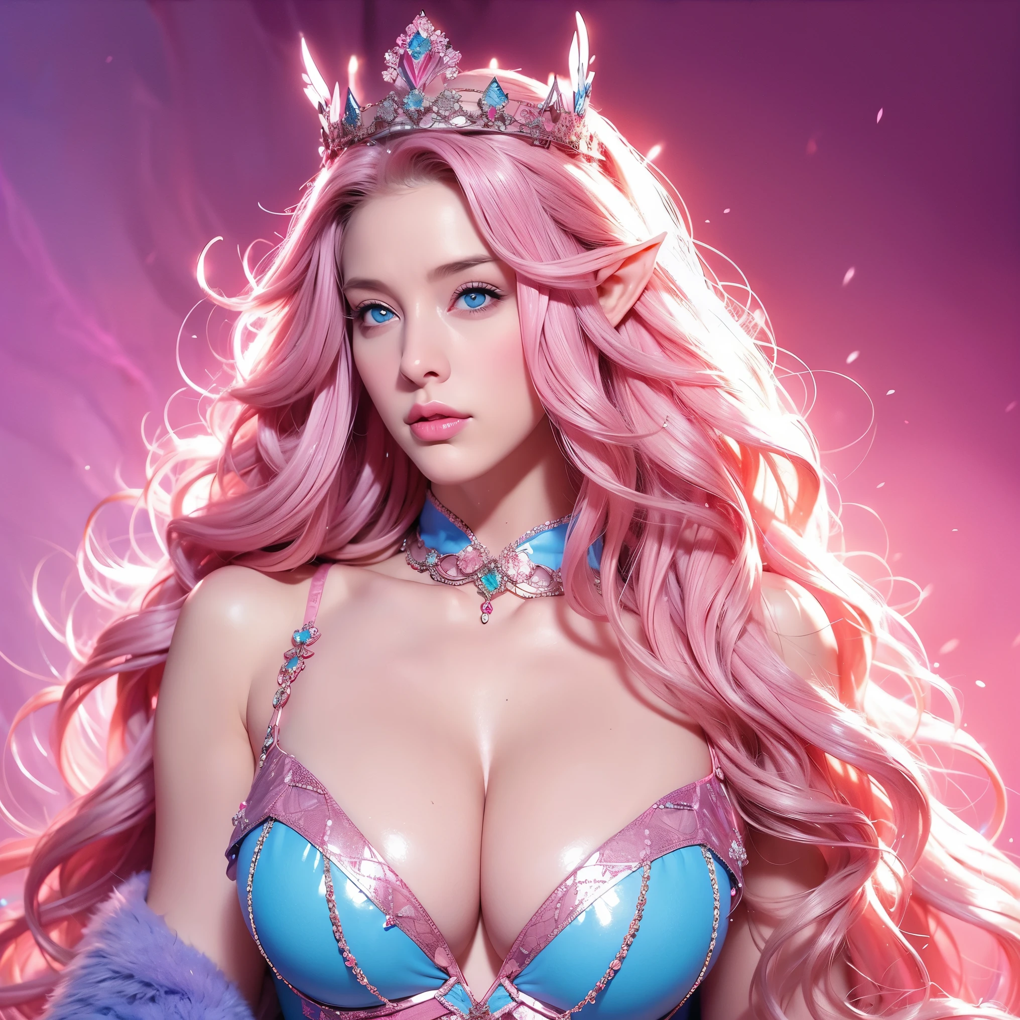 Woman, long curly hair, pink hair, blue eyes, elf, sexy, crown, queen , Big , sexy, Provocative , Clothing with fur, Pink, shiny background, Dress , elf