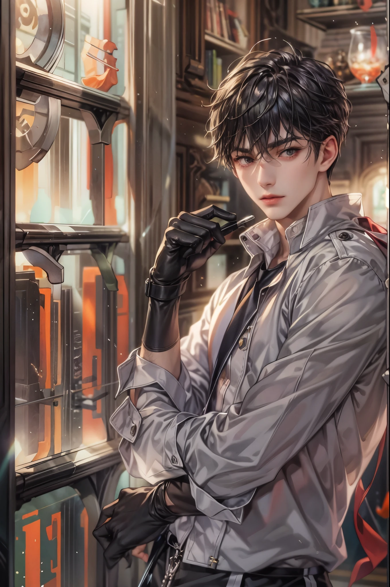 ((Best quality)), ((masterpiece)), (detailed), ((perfect face)), ((halfbody)) handsome face, male, teen boy, perfect proportions , a character from anime ashita no nadja, phantom thief outfit, detailed library interior scenery background