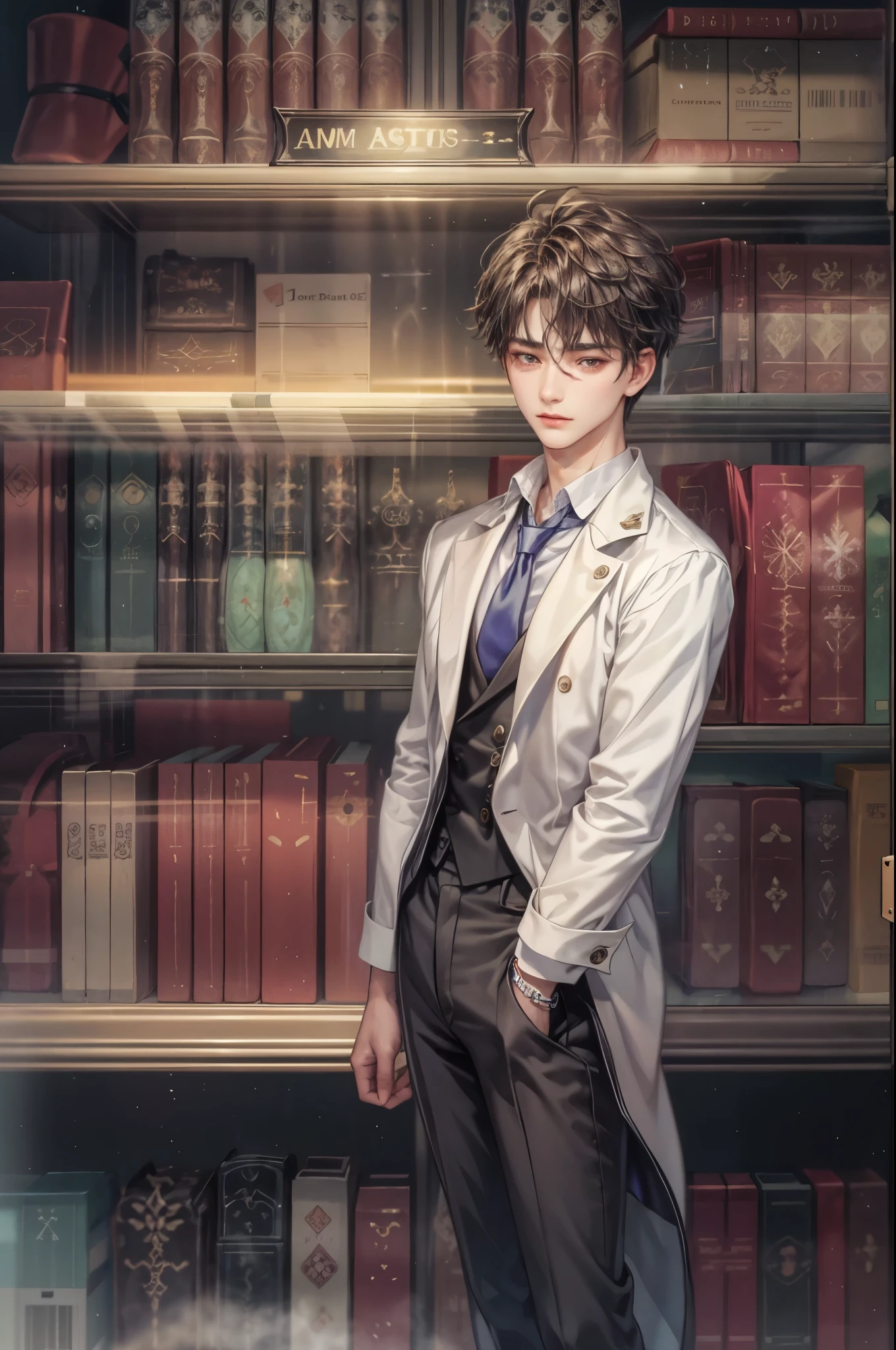 ((Best quality)), ((masterpiece)), (detailed), ((perfect face)), ((halfbody)) handsome face, male,  boy,  perfect proportions , a character from anime ashita no nadja, phantom thief outfit, detailed library interior scenery background 