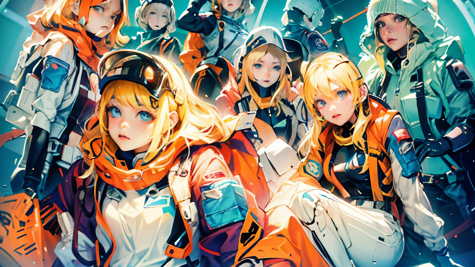 blonde、shortcut、There are many women wearing space suits and taking pictures., trending on cgstation, artwork in the style of Gweiz, Trending on cgstation, portrait anime space cadet girl, digital cyberpunk anime art, Art Germ JSC, Gweiz on pixiv artstation, Gweiz, Gweiz on artstation pixiv, e girl