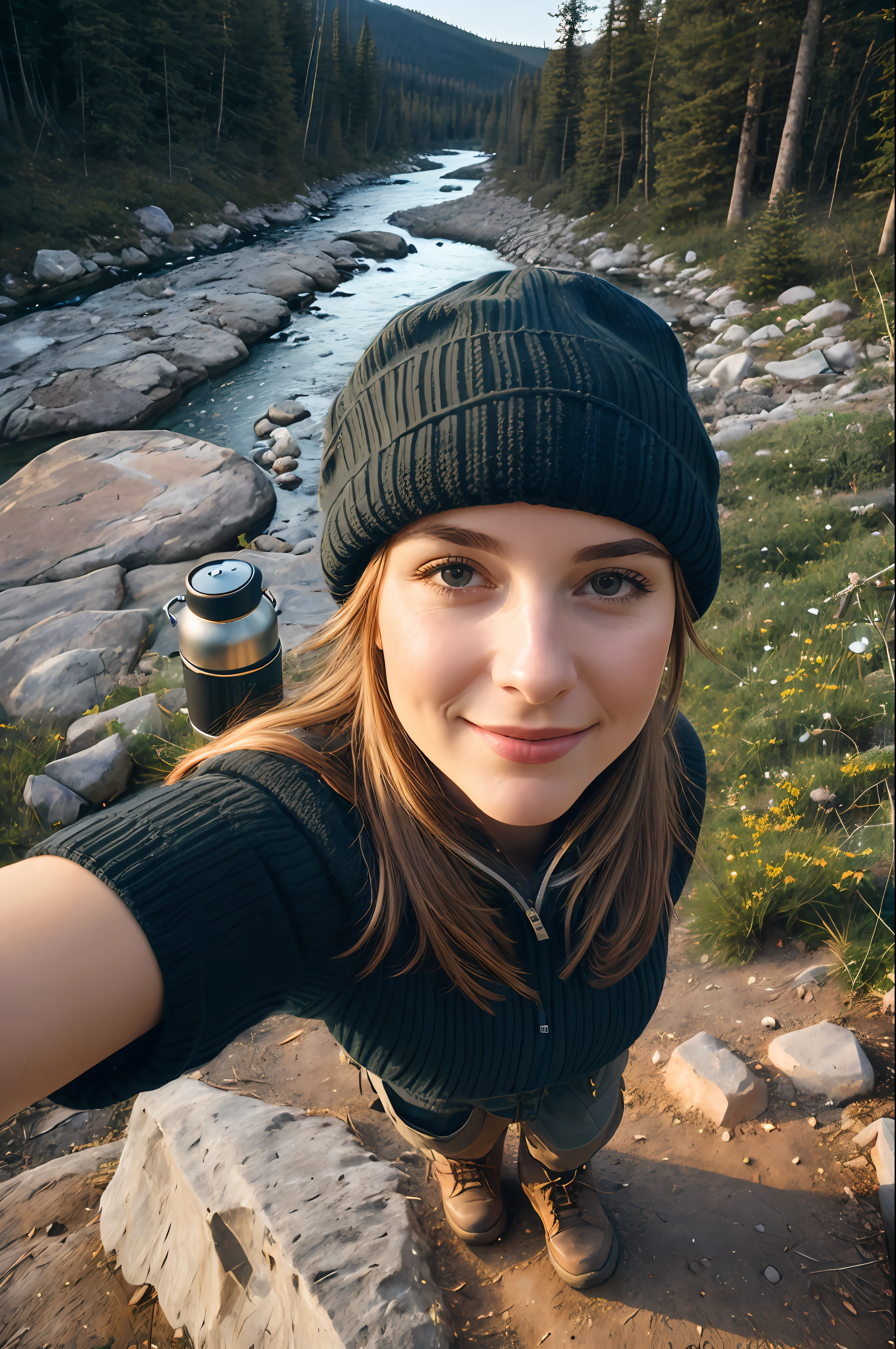 1 mulher ((selfie da parte superior do corpo, feliz)), obra de arte, melhor qualidade, ultra-detalhado, floor, ar livre, (noite), montanhas, natureza, (estrelas, Lua) alegre, feliz, mochila, saco de dormir, camping stove, garrafa de agua, botas de montanha, luvas, sweater, tem, lanterna, floresta, Pedras, ???, Madeira, smoke, sombras, Contraste, clear sky, estilo, (tom quente, tom quente)