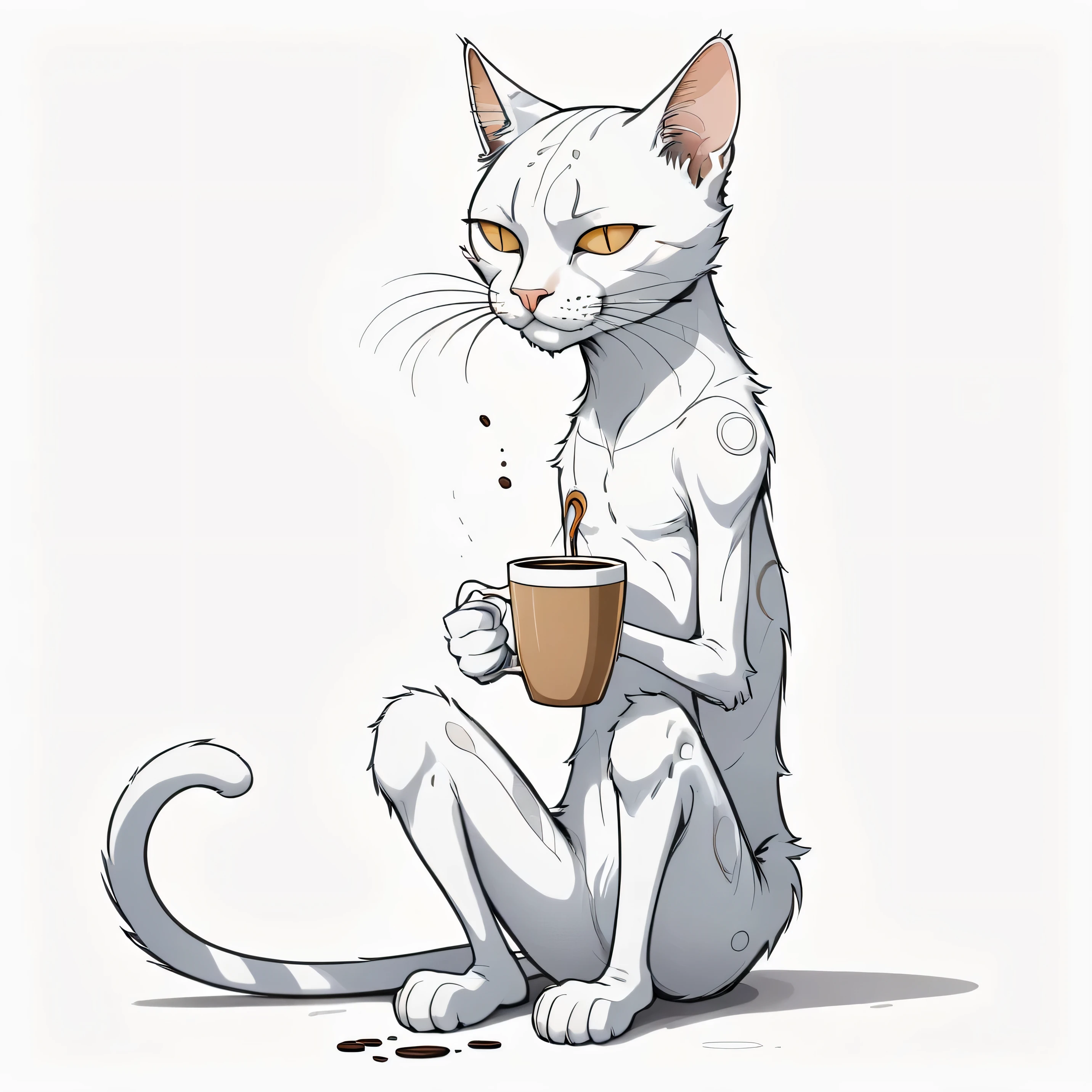 [fundo branco] arte de rabiscar, gato alto e magro com olheiras cansadas, holding a cup of coffee, long, thin arms and legs, expression of boredom, arte estranha, cartoon network estilo art, fine line, anthropomorphic, estilo, 8K, ultra-hd ultra-detalhado,[fundo branco]
