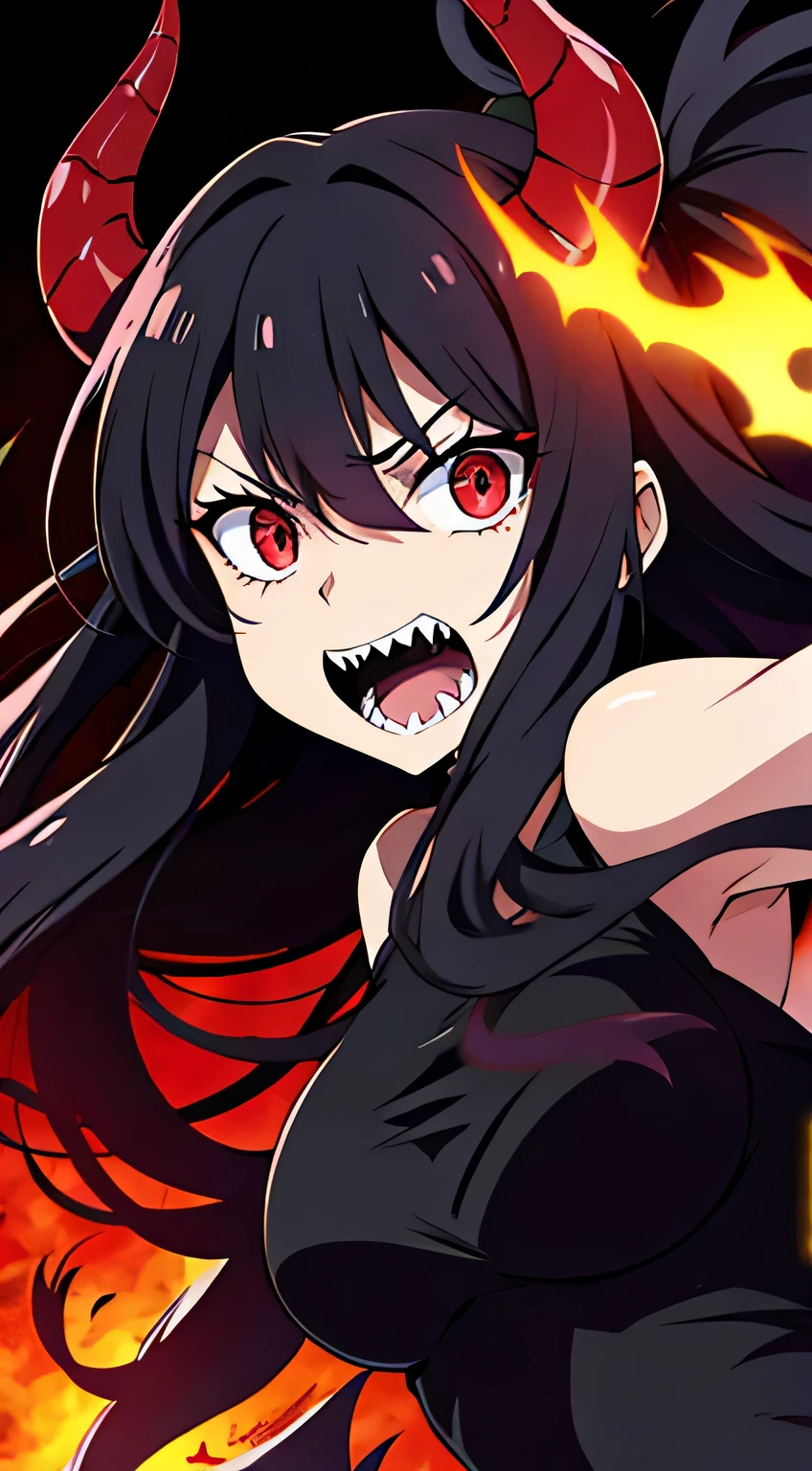 beautiful demon woman with long black hair, sharp teeth, furious, battle, glowing red eyes, bat wings on back, ram horns, angry, fight, fireball, hazbin hotel