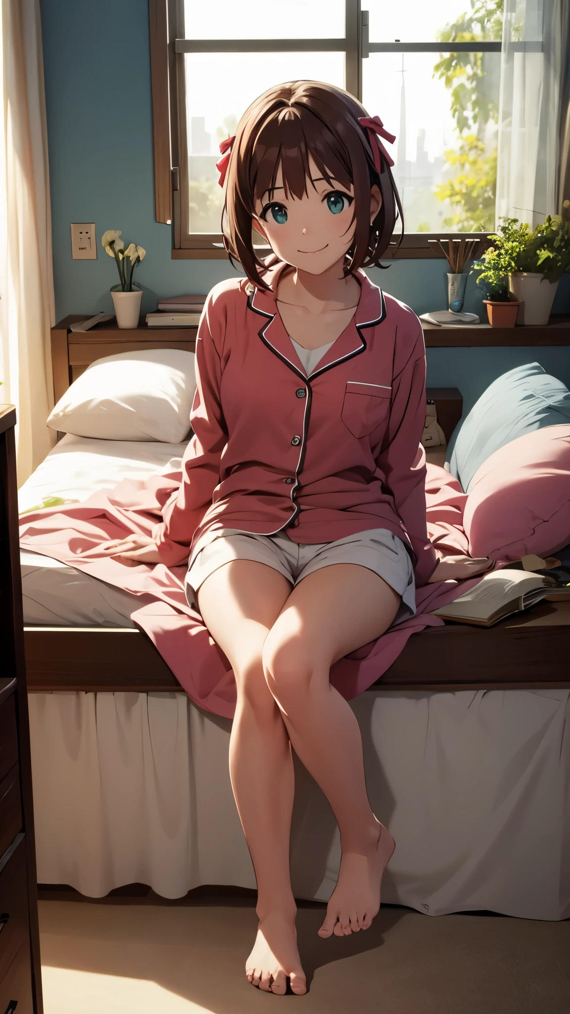 CG, unity, 8k, wallpaper, highest quality, masterpiece, haruka amami, (smile: 1.1), sit on the bed, pajamas, shorts, barefoot, sexy legs, best lighting, complex pupils, complex textile, detailed background, in the room, There's a big window behind her, garden behind the window, morning, bright room, refreshing atmosphere