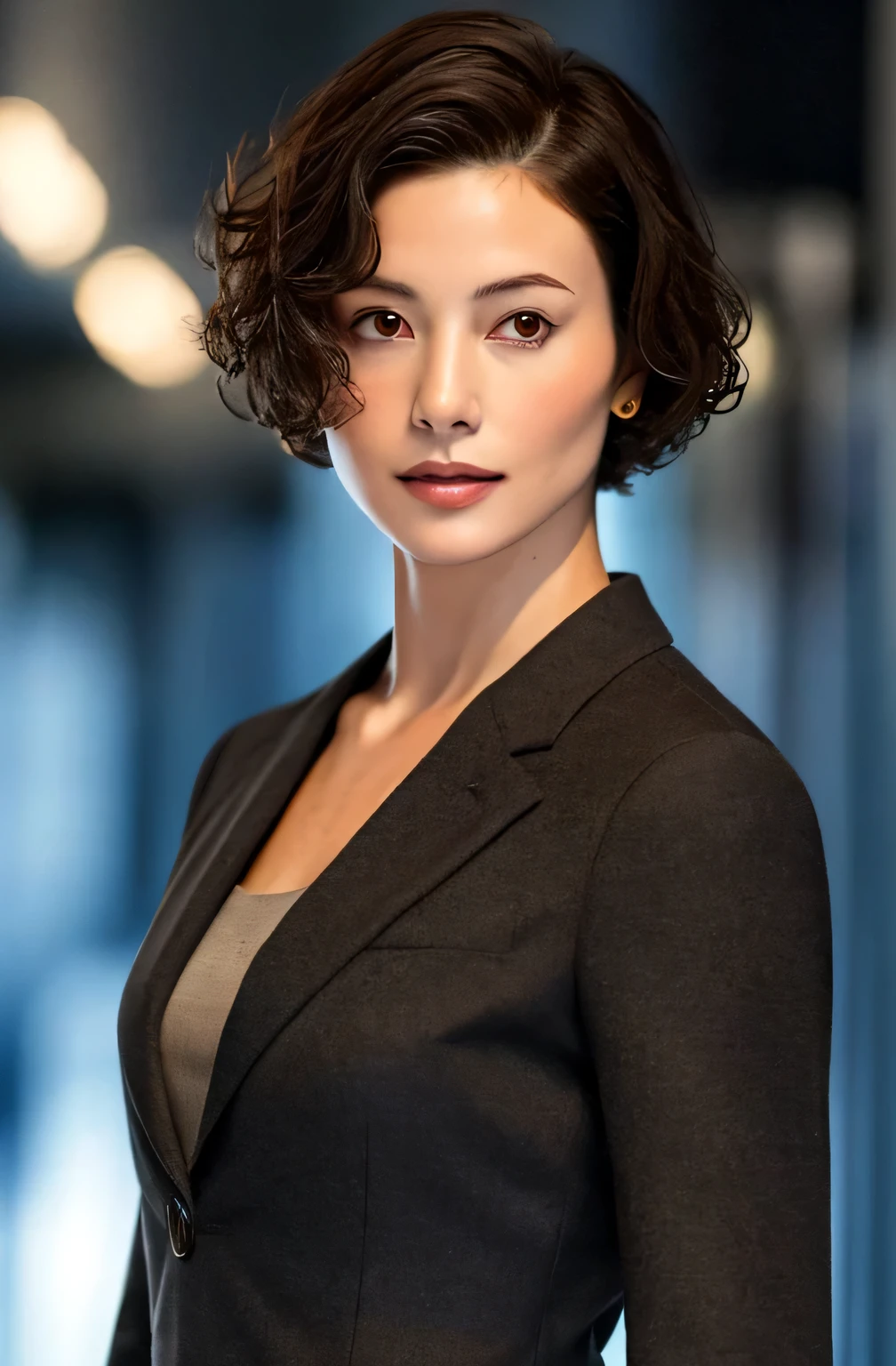 (Create a female president wearing a chic and elegant outfit), (brunette, In the plane of symmetry of the model), Shoulder length short hair and curly dark brown, stylish and elegant, A strong body with a shaved head and a suit, Show me your body,, (High quality and realistic images), London city background image, cinematic style, ((highest quality, 8k,  masterpiece).