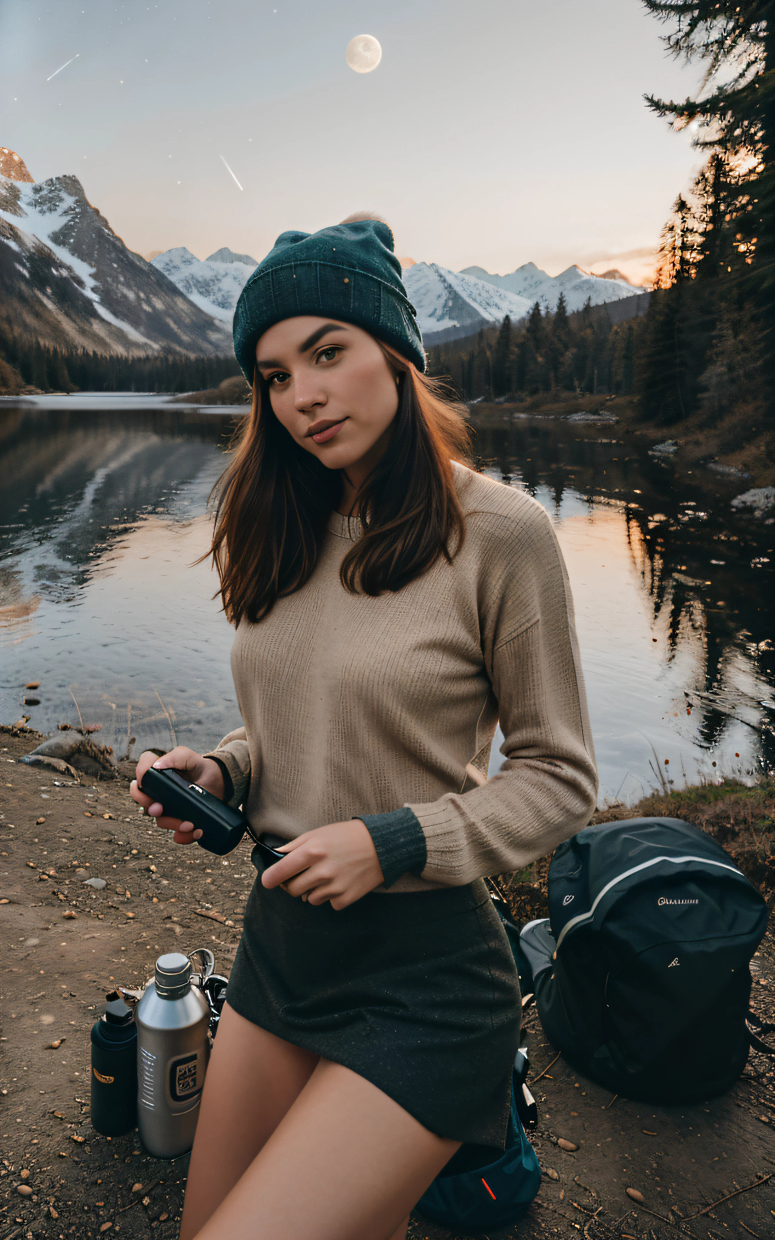 1 mulher ((tronco selfie, feliz)), obra de arte, melhor qualidade, ultra-detalhado, Sozinho, ao ar livre, (noite), montanhas, natureza, (estrelas, Lua) alegre, feliz, mochila, saco de dormir, camping stove, garrafa de agua, botas de montanha, luvas, sweater, tem, lanterna, floresta, pedras, rio, Madeira, smoke, sombras, Contraste, clear sky, analog style (Veja o visualizador:1.2) (textura da pele) (film grain:1.3), (tom quente, tom quente:1.2), fechar-se, cinematic light, side lighting, ultra high resolution, melhor sombra, CRU, tronco, wearing pullover