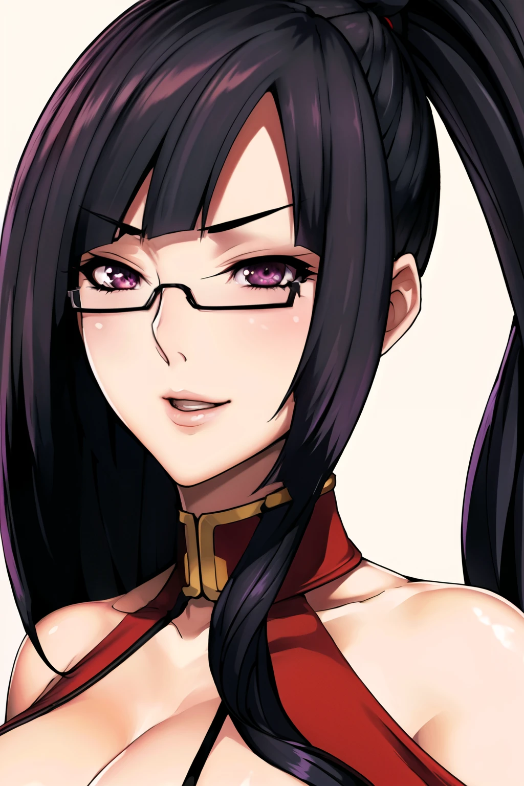 bedroom Background,
Red dress, chinese clothes, cleavage cutout, clothing cutout, bare shoulders, 
semi-rimless eyewear, 
 black hair, very long hair, ponytail,Bangs,purple eyes,
1 girl, 20yo,Young female,Beautiful Finger,Beautiful long legs,Beautiful body,
Beautiful Nose,Beautiful character design, perfect eyes, perfect face,expressive eyes,perfect balance,
looking at viewer,(Focus on her face),
official art,extremely detailed CG unity 8k wallpaper, perfect lighting,Colorful, Bright_Front_face_Lighting,White skin,
(masterpiece:1.0),(best_quality:1.0), ultra high res,4K,ultra-detailed,
photography, 8K, HDR, highres, absurdres:1.2, Kodak portra 400, film grain, blurry background, bokeh:1.2, lens flare, (vibrant_color:1.2),professional photograph,
(Beautiful,huge_Breasts:1.4), (beautiful_face:1.5),(narrow_waist),