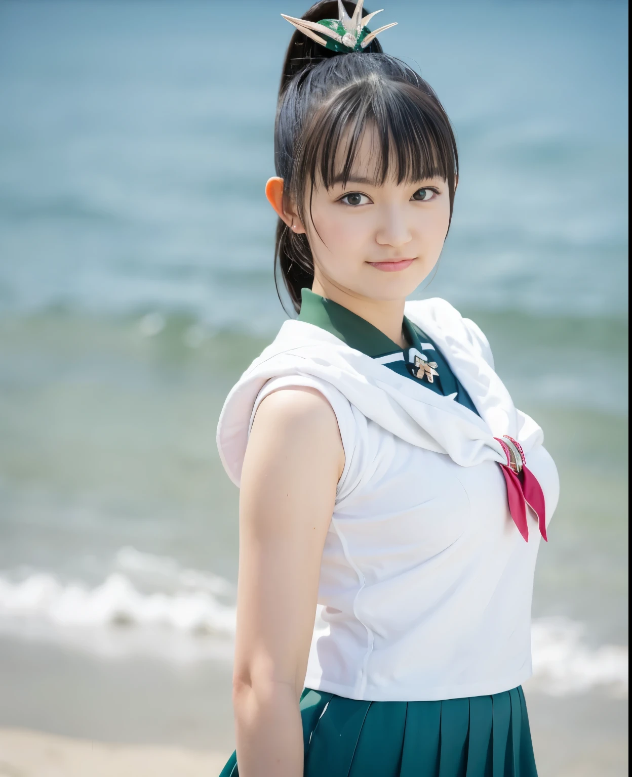 (highest quality:1.2),(perfect beautiful face:1.2),(perfect and beautiful posture:1.2),(japanese woman:1.1),ponytail, On the beach in midsummer, smile, big breasts, (Chubby:1.2),Ultra-high precision photos,clear eyes, ((sailor_jupiter:1.1))