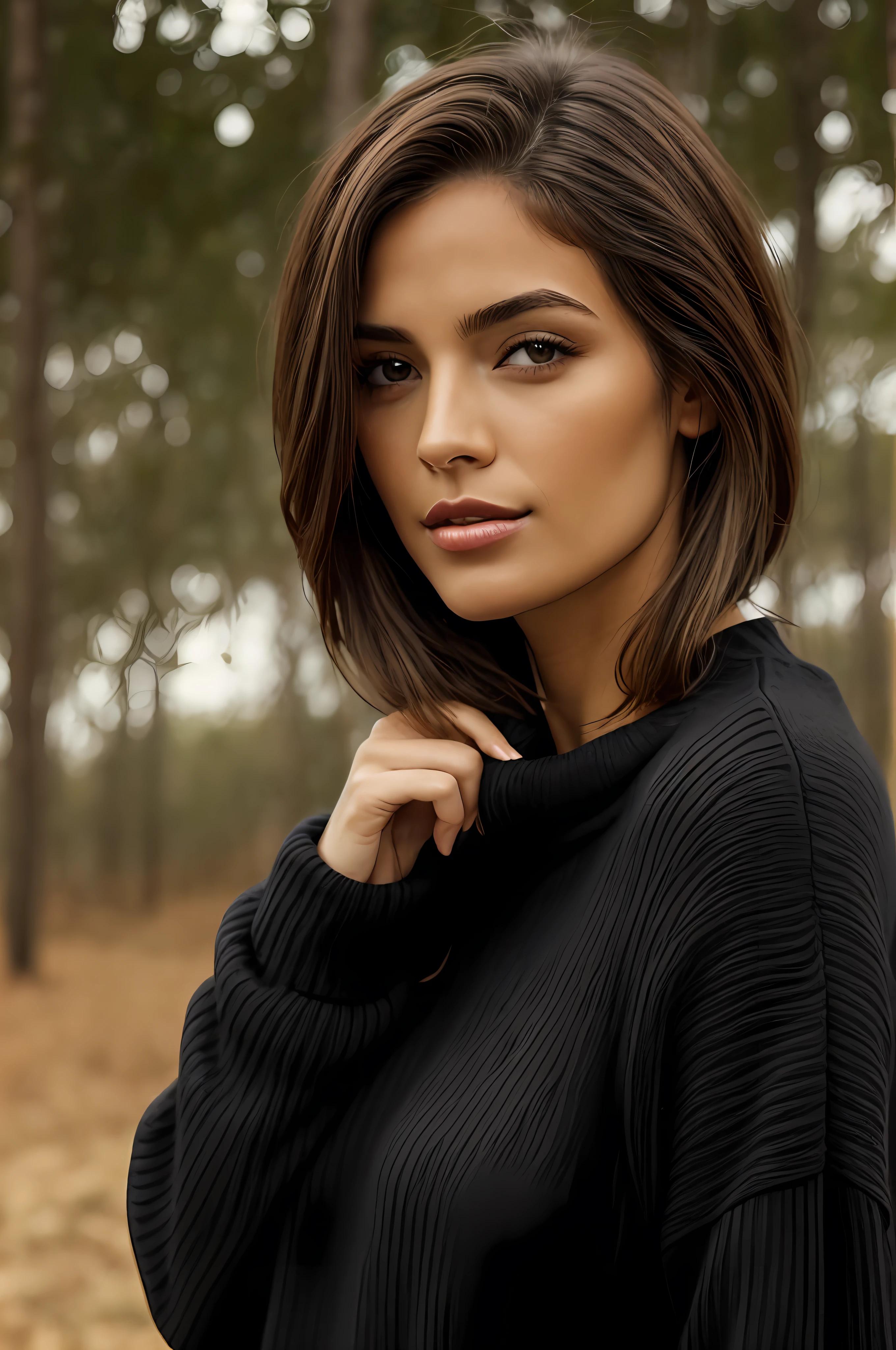 1 mulher adulta, cabelo comprido, cabelo cacheado, cabelo cor preto, pele suave, olhos castanhos, sorrir, vegetation, Occasional Simple Black Sweater, realista