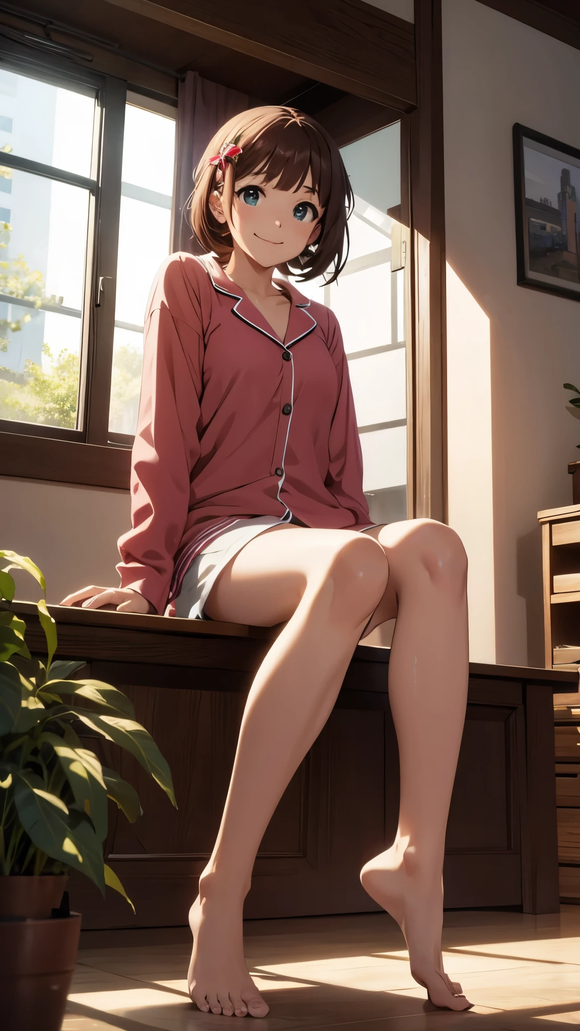 CG, unity, 8k, wallpaper, highest quality, masterpiece, haruka amami, (smile: 1.1), sit on the bed, pajamas, shorts, barefoot, sexy legs, best lighting, complex pupils, complex textile, detailed background, in the room, There's a big window behind her, garden behind the window, morning, bright room, refreshing atmosphere