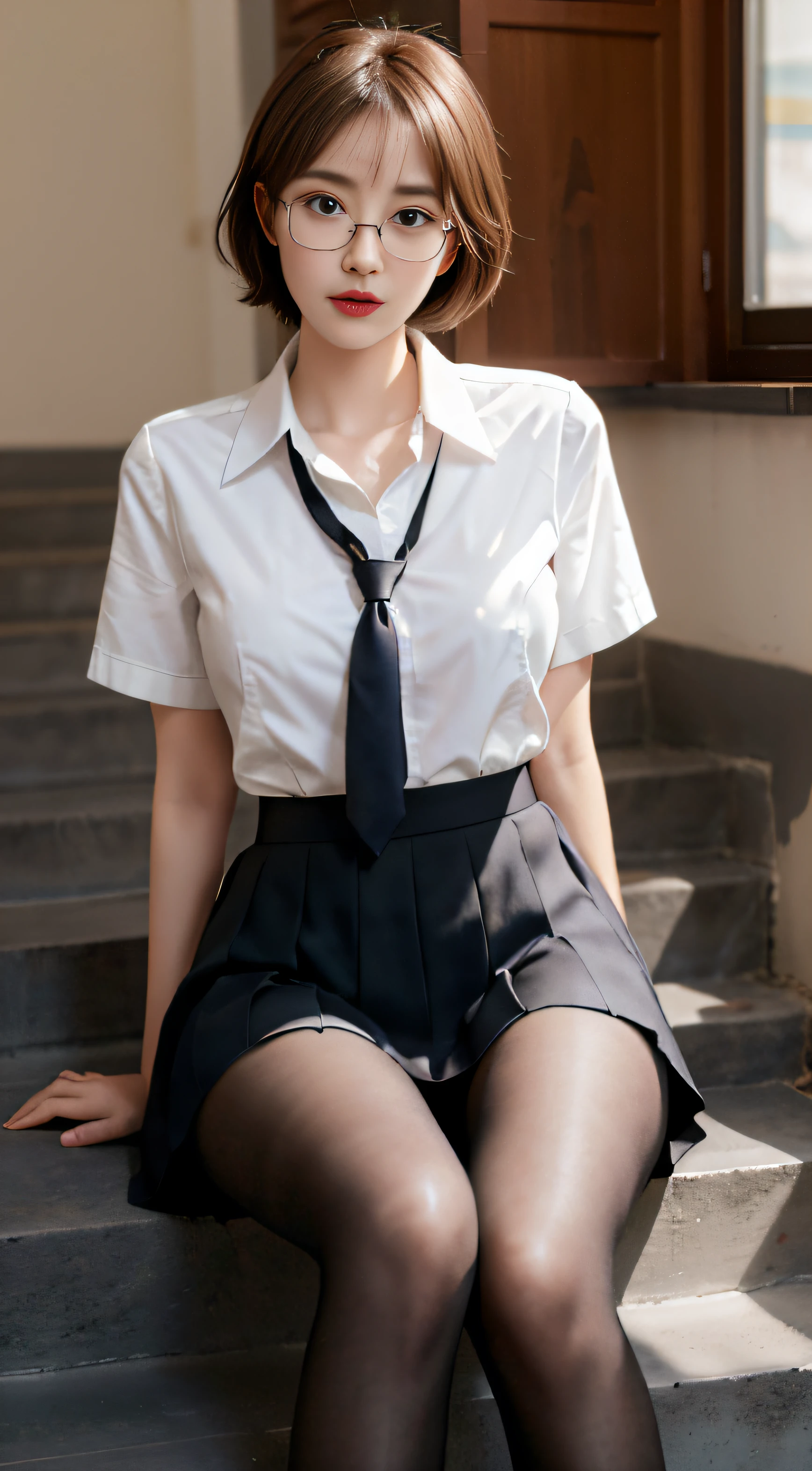 Uniforme scolaire coréen、chemise d'uniforme scolaire d'Summer、tight shirt、Cravates en ruban、skirt near the、schools、Escaliers à l'school、pose de lifting de la poitrine、L'accent est mis sur la poitrine、Mince et grand、Photos brutes 8K、Une haute résolution、18-year-old Korean、air embarrassant、very large round breasts、beautiful, finely detailed eyes、cils longs、Beautiful double eyelid、eyeshadows、ligne des yeux、Yeux fins、Elongated eye shape、Yeux de Sanpaku、Jambes belles et fines、De belles cuisses fines、Poils courts aléatoires、Attachez vos cheveux derrière votre tête、Anneau de mamelon d'oreille、light brown hair、(Porter des collants)、tiens tes genoux,porte des lunettes,porte des lunettes