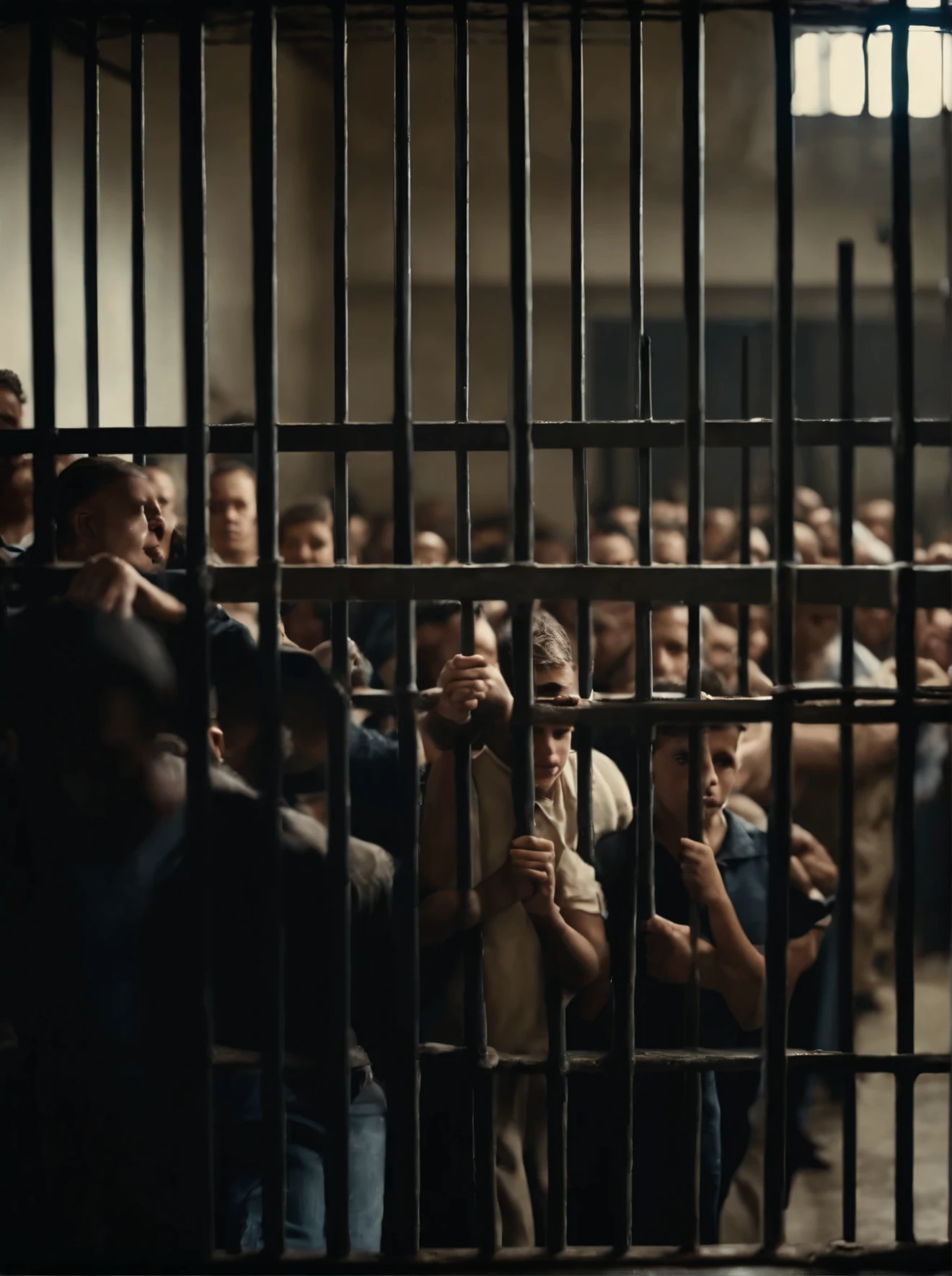 large crowd of people, A 16-year-old boy is taken into a juvenile detention center by two prison staff., A large number of prisoners are reaching out from behind the iron bars.,