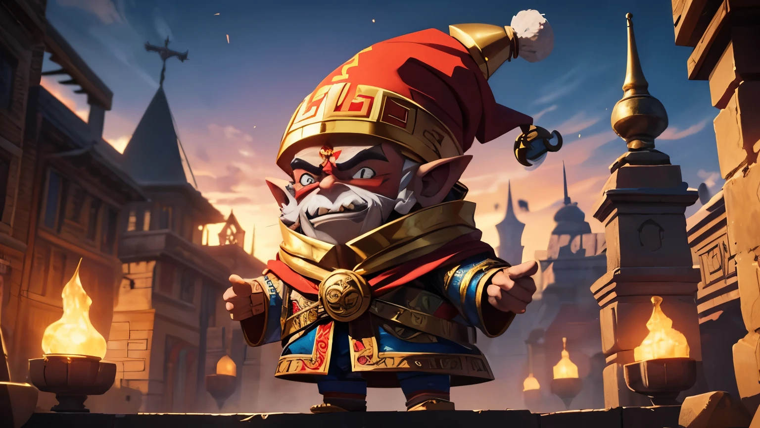 A vilain aztec gnome with a gold scarf that is very ugly and he look like a monster
