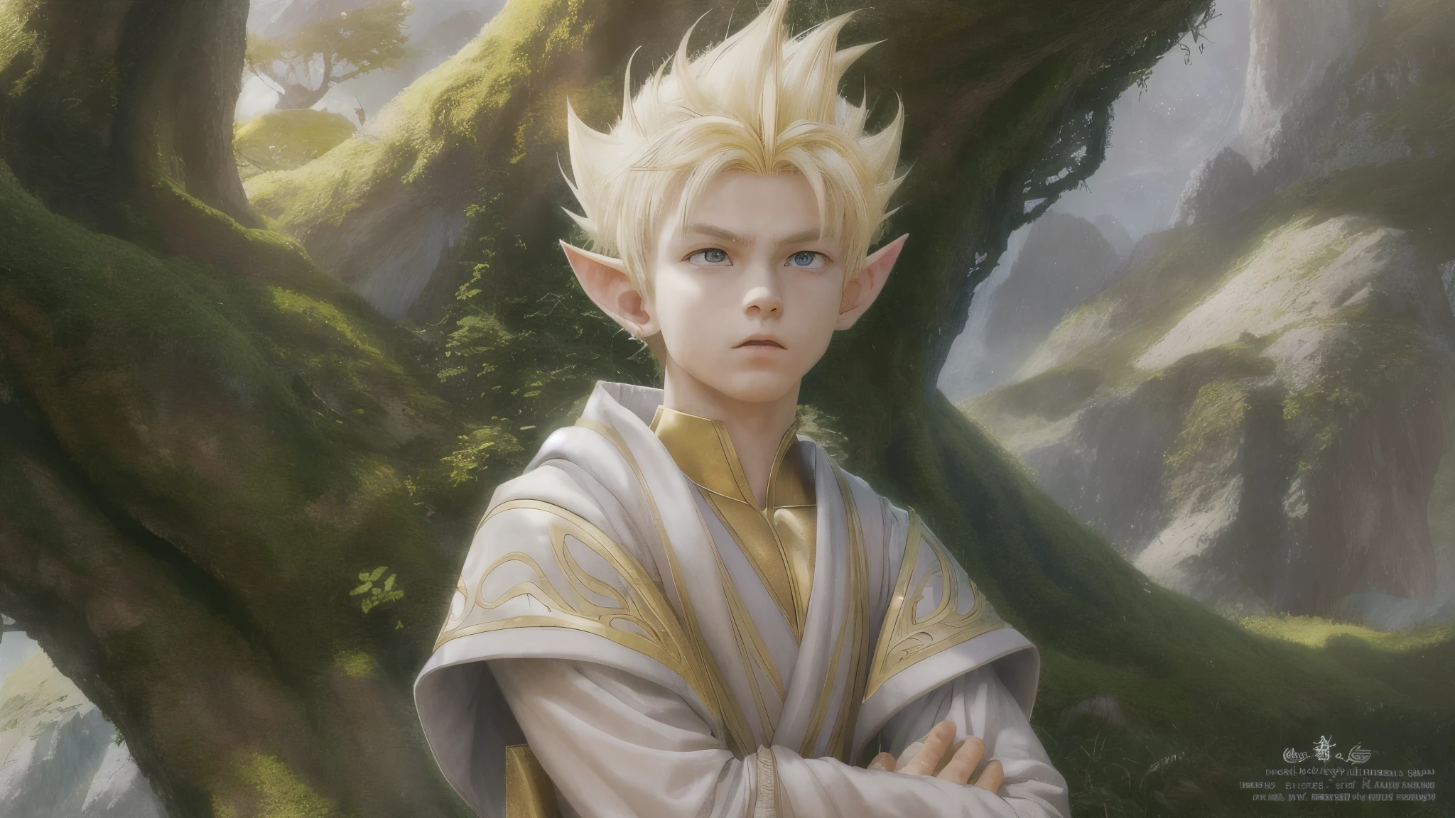 (master piece), 8k, best quality, panoramic view, book illustration, elf boy, childlike appearance, male, teenager, , white skin, thin body, pointed elf ears, beautiful finely detailed silver eyes , high forehead, yellow blonde spiky hair like Gohan from the anime dragon ball (super sayajin), Round face, highly detailed, sharp focus, Incredibly handsome, conservative elven clothing, conservative posture, Extroverted by nature, radiates positive energy, free spirit,