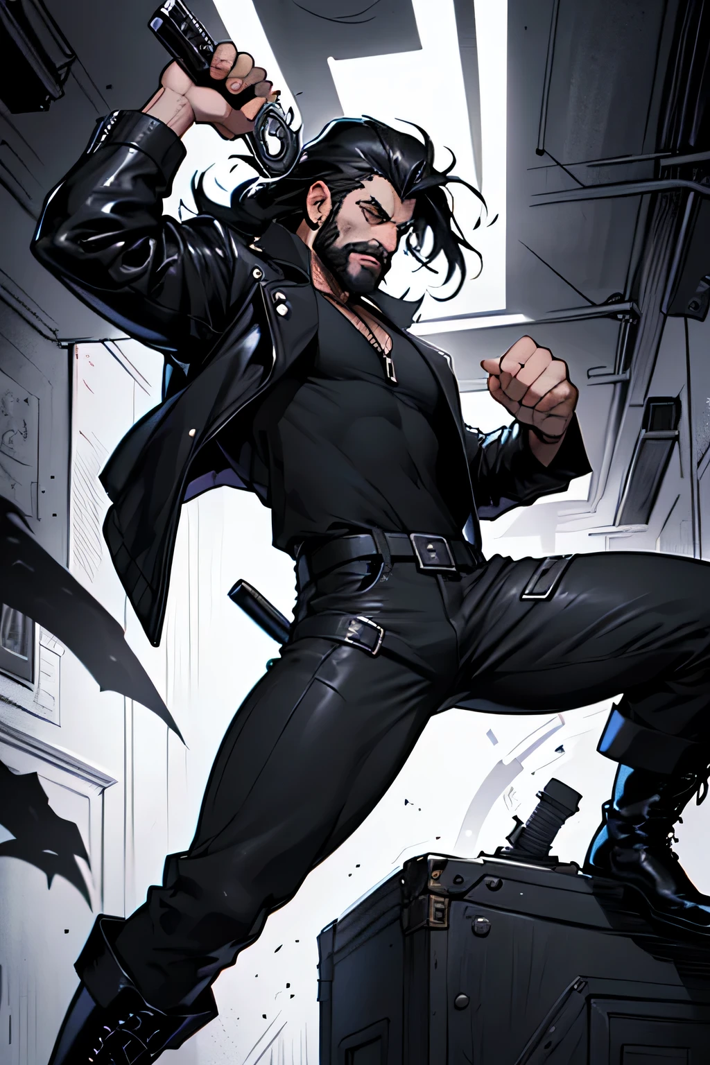 Homem branco com barba preta, cabelo preto comprido, vestindo jaqueta de couro preta, black shirt and pants, black leather boots pulling out a revolver in a bar full of scared aliens and mythological creatures around, Preto e branco drawing, Estilo John Buscema , estilo de quadrinhos, Preto e branco
