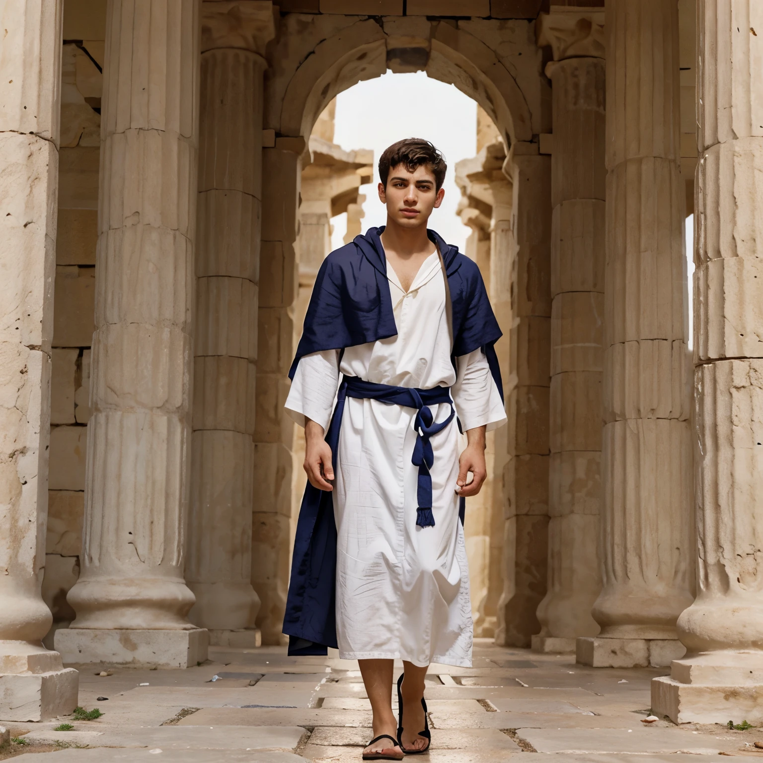 A young man alone in ancient Greek robes