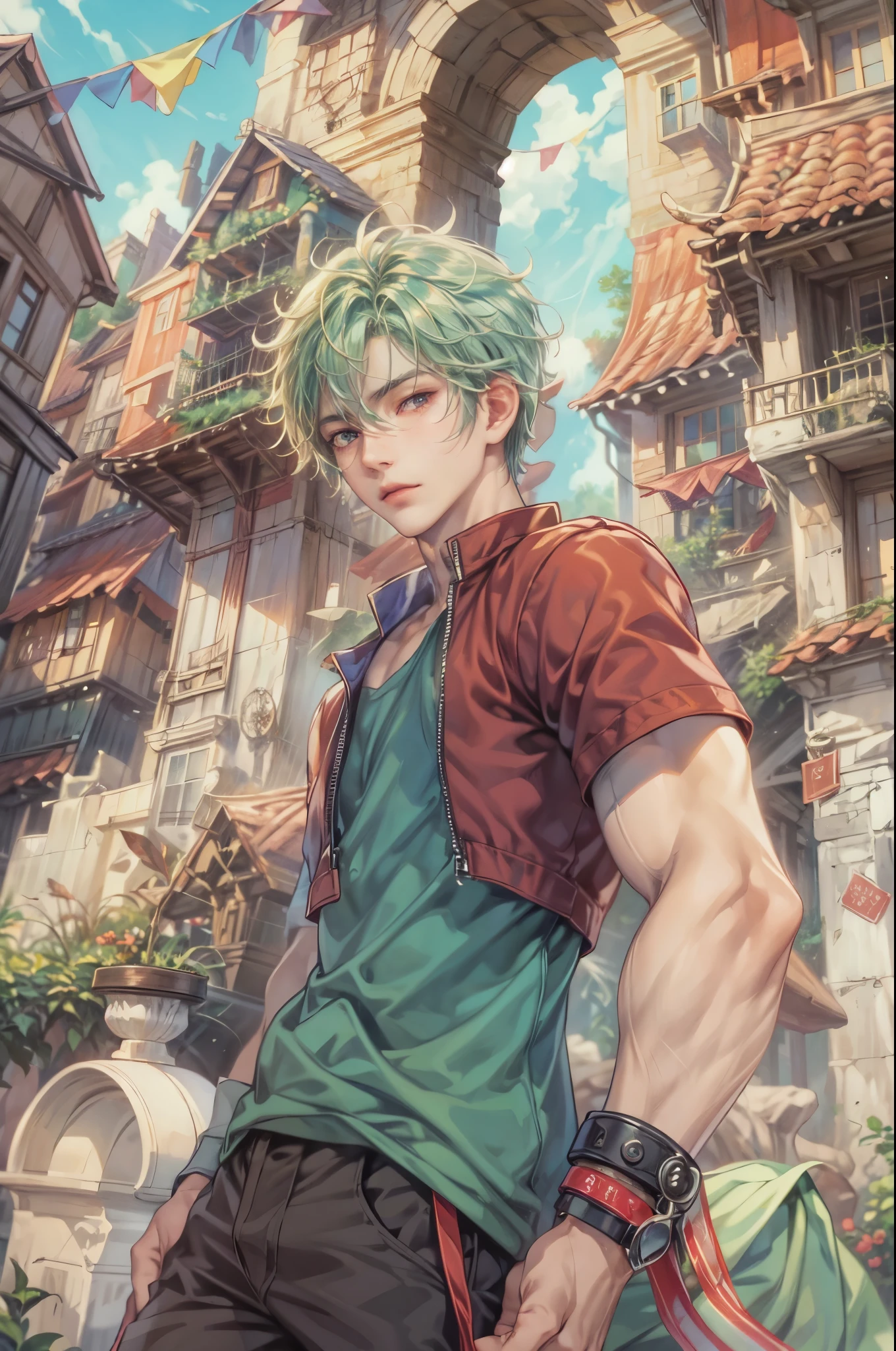 ((Best quality)), ((masterpiece)), (detailed), ((perfect face)), ((halfbody)) handsome face, male, boy, perfect proportions , a character from anime fairy tail, male version , hiro mashima art, detailed ghibli town background, detailed ghibli scenery background