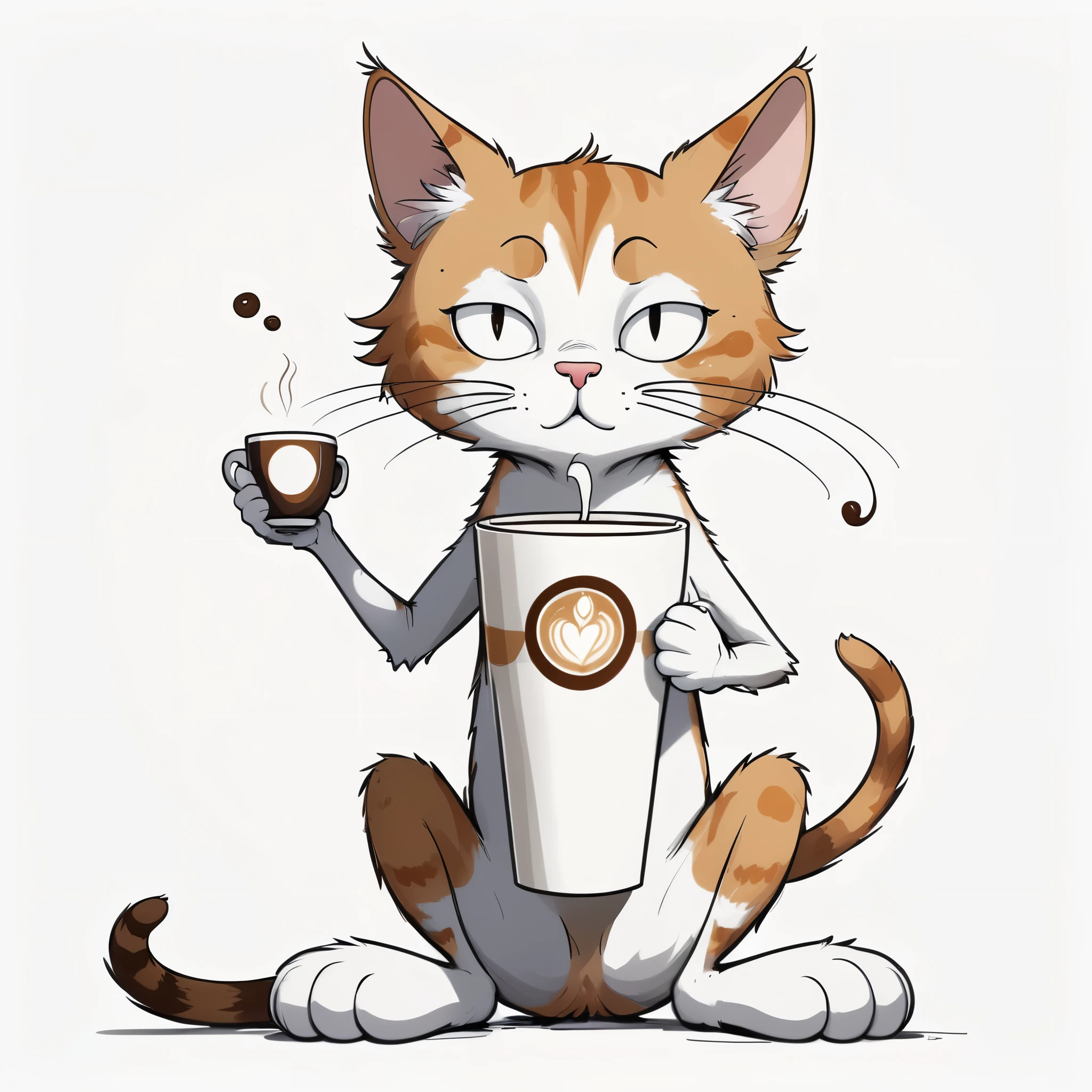 [white background] scribble art, tall and thin cat with tired circles under his eyes holding a cup of coffee, long and thin arms and legs, boredom expression, strange art, cartoon network style art, fine line, anthropomorphic, style, 8k, ultra-detailed ultrahd,[white background]