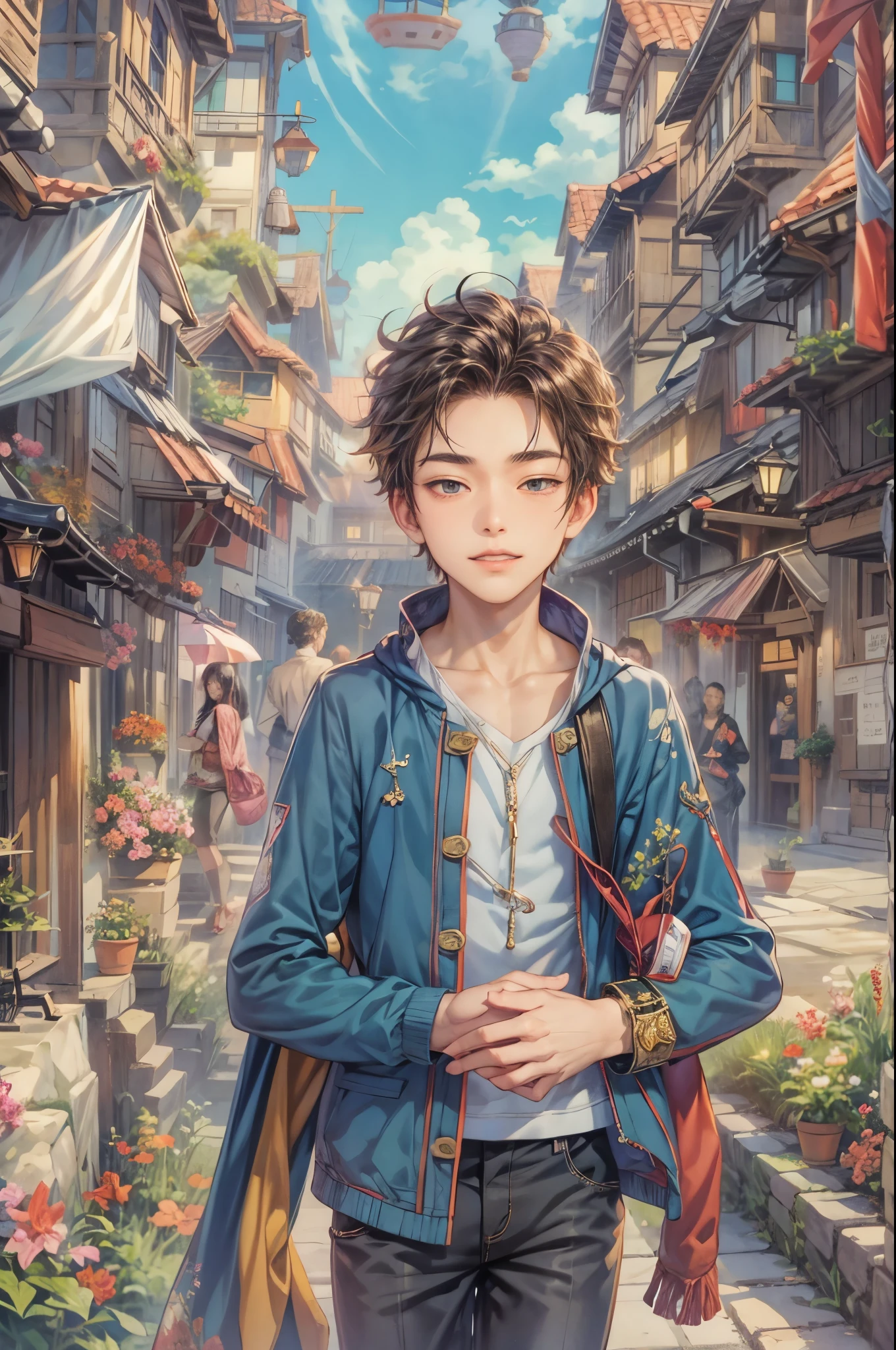 ((Best quality)), ((masterpiece)), (detailed), ((perfect face)), ((halfbody)) handsome face, male, boy, perfect proportions , a character from anime fairy tail, male version , hiro mashima art, detailed ghibli town background, detailed ghibli scenery background