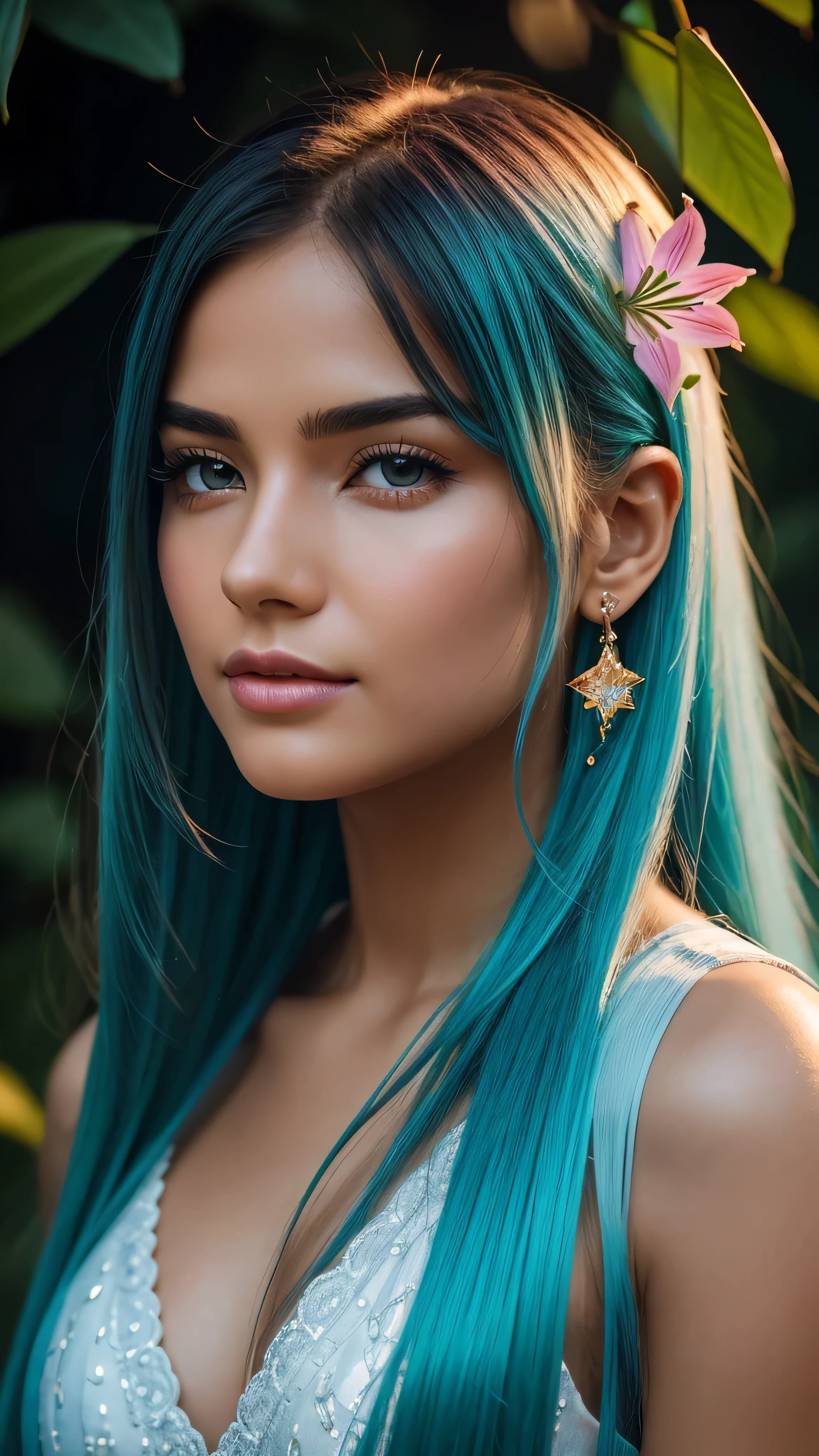 Beautiful realistic girl with BRIGHT WHITE-TURQUOISE long hair..... ,Close-up of clean skin with detailed skin ,full length,in a short miniskirt,on an orange background ,Against the background of the starry sky,bright makeup,EARRINGS WITH GLITTERS,two-leaf gray flower,translucent speckled bifoliate gray,Bioluminescent - Ultra High Quality 8K Music Equalizer, High contrast, rich colors, soft light, Super detailed photos. ultra high quality 8K, High contrast, noise reduction, яркие rich colors.. high quality, 8K Ultra HD, High contrasthigh quality,мягкие close focus,very beautiful flower, translucent red lily of the valley with dew drop flower, bioluminescent flower glows and shimmers, he grows in a mysterious forest, shrouded in mystery, Сверхhigh quality 8k, High contrast, rich colors, soft light, Ultra-detailed photos. Сверхhigh quality 8k, High contrast, noise reduction, bright rich colors.. high quality, 8K Ultra HD, High contrast