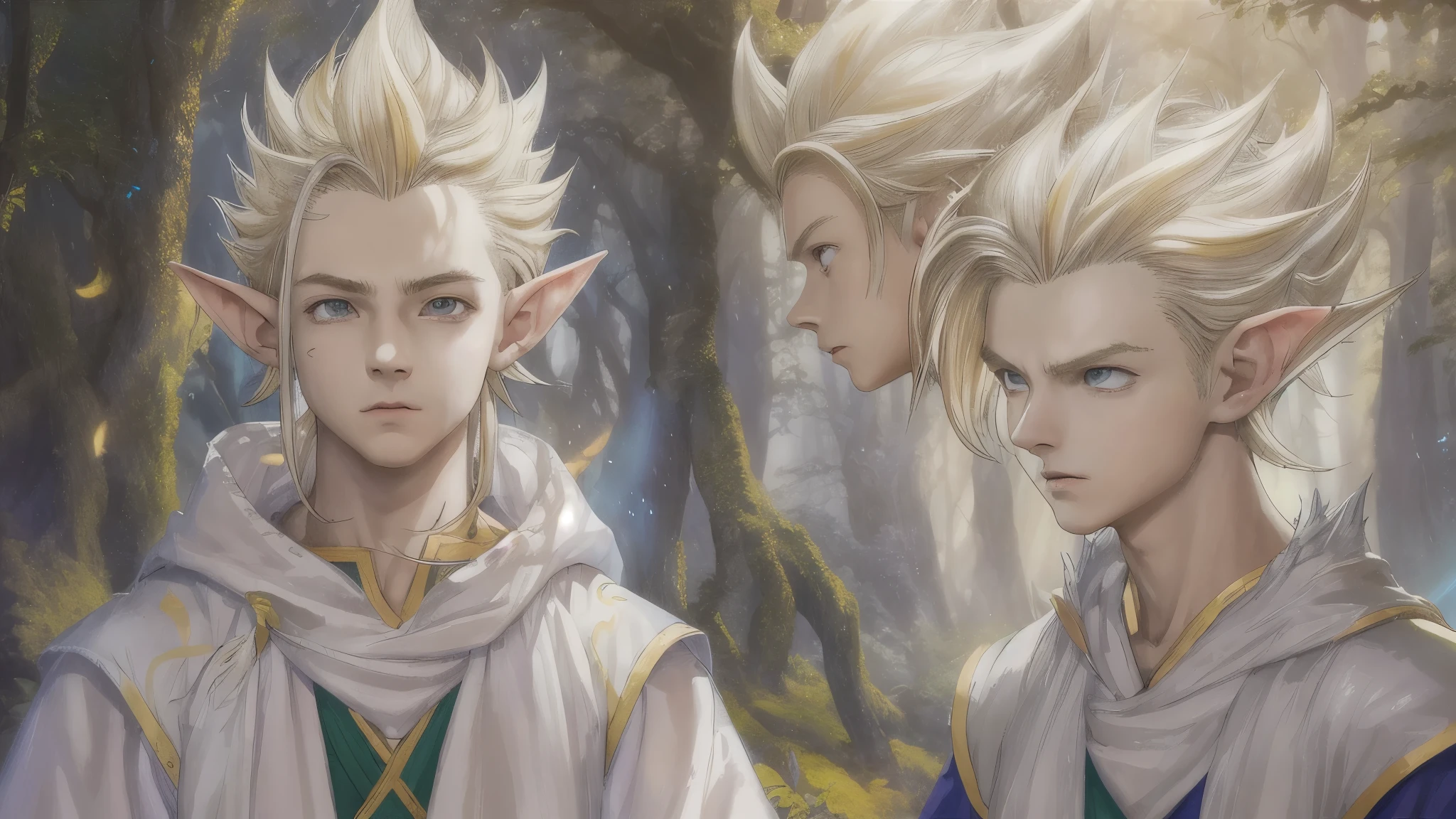 master piece), 8k, best quality, panoramic view, book illustration, elf boy, childlike appearance, male, teenager, ten years old, white skin, thin body, pointed elf ears, beautiful finely detailed silver eyes , high forehead, yellow blonde spiky hair like Gohan from the anime dragon ball (super sayajin), Round face, highly detailed, sharp focus, Incredibly handsome, conservative elven clothing, conservative posture, Extroverted by nature, radiates positive energy, free spirit,