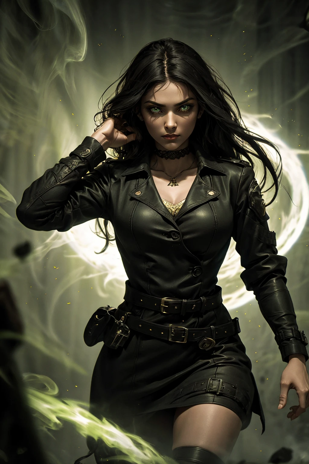 A stunning Indian beauty, with bright green eyes, standing in swirling black smoke, with dark brown-black long wavy hair, mesmerizing features with a scary expression, finely detailed eyes, angry mood masterpiece, top quality, best quality, official art, beautiful and aesthetic:1.2), (1girl), extreme detailed,(fractal art:1.3), colorful, highest detailed, (masterpiece, best quality:1.3) 1 bright-green-eyed woman, professional digital painting, Unreal Engine 5. Wearing a black-buttoned-up military-trench coat. Scary void dripping from body and face black magic swirling around. Arms up casting black magic from fingertips. Black smoke swirled around her. Holding a rapier. Purple-tinted background.
